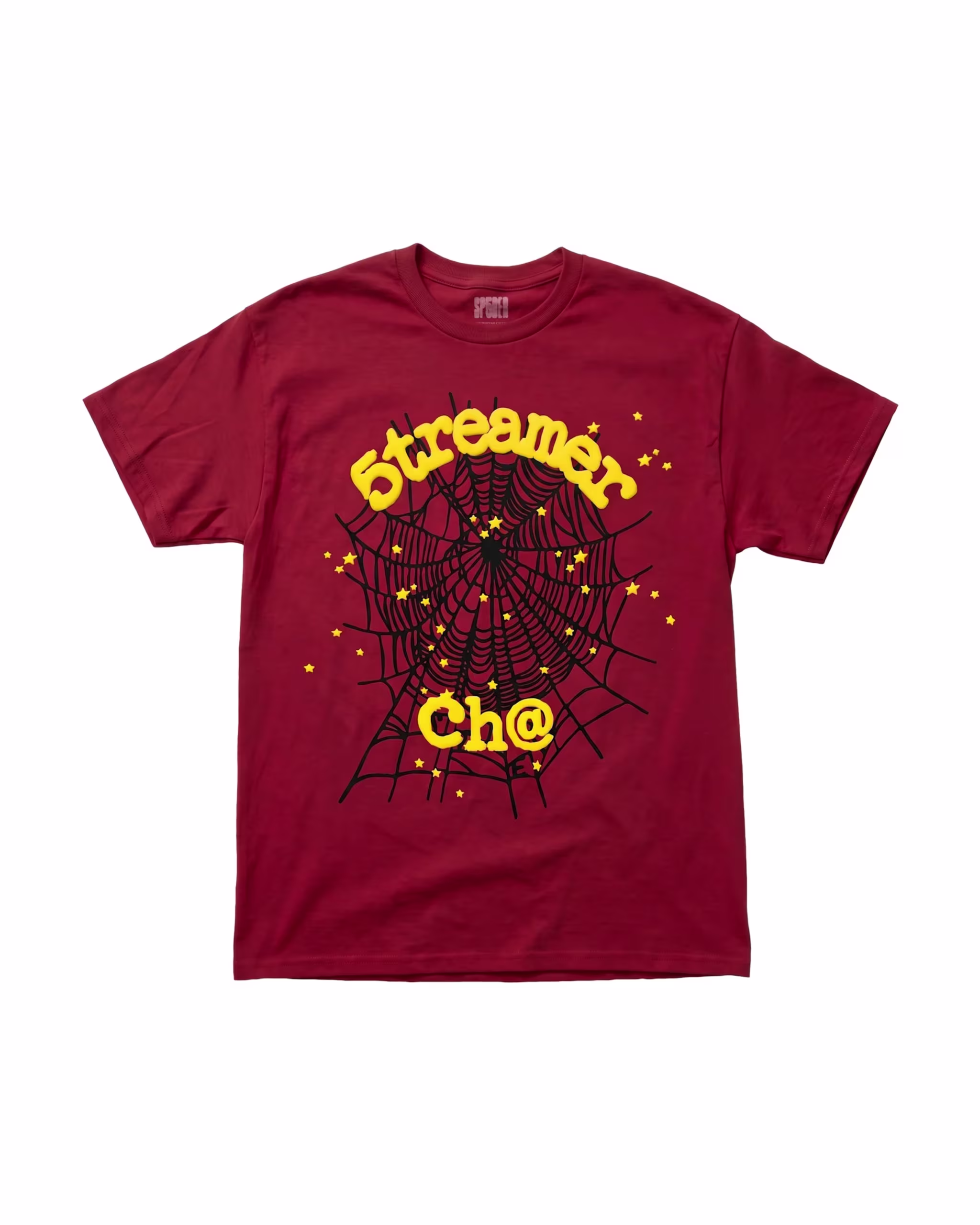Red T-shirt featuring a black spider web design with yellow stars and the text "5treamer Ch@" in bold yellow letters.