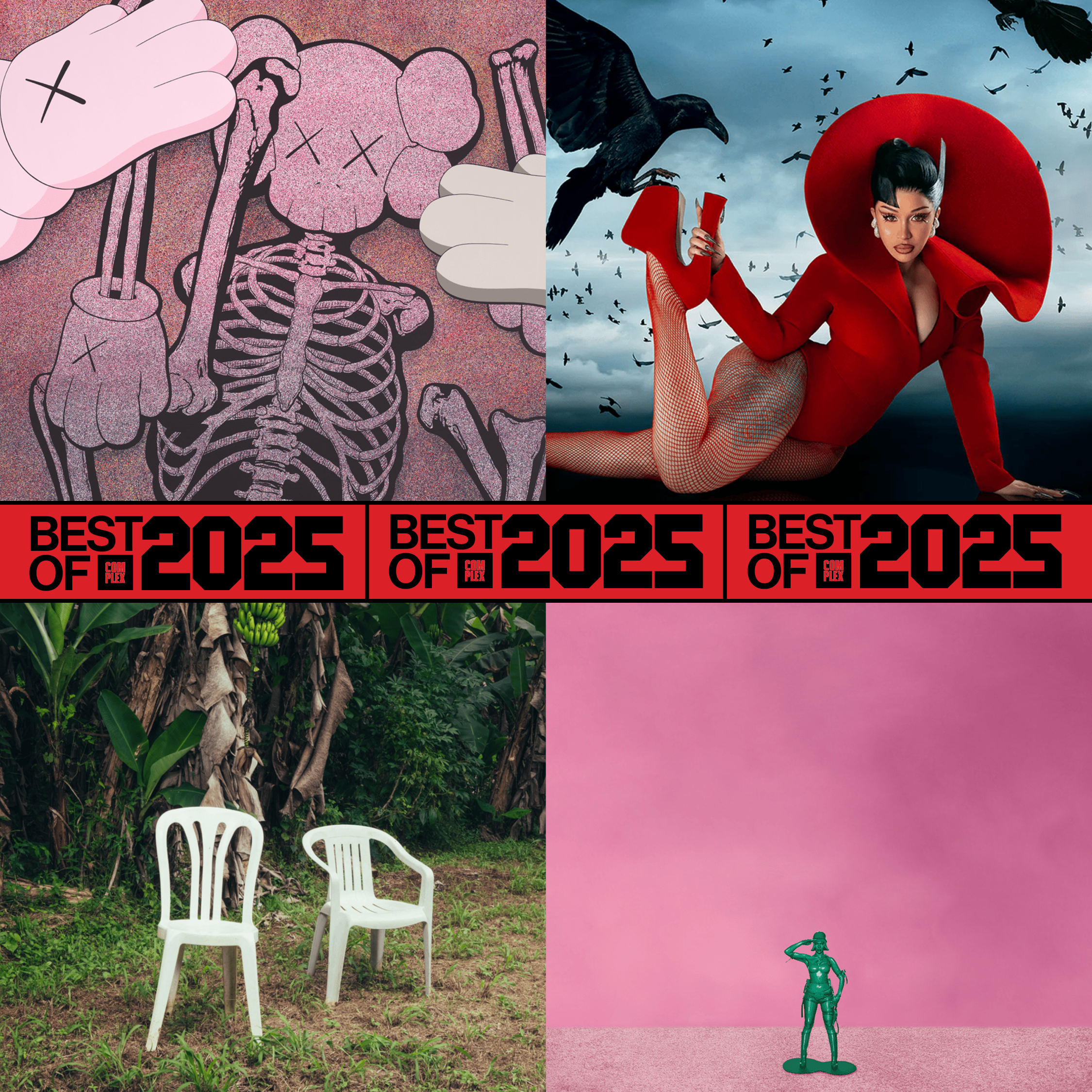 Collage with artwork and a woman in red, two white chairs in a jungle, and a green toy soldier on a pink background. "Best of 2025" text.