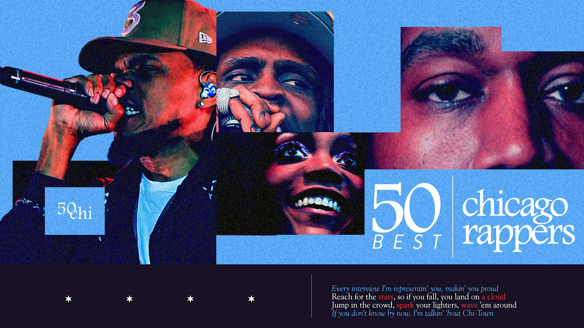 Collage of Chicago rappers with text "50 Best Chicago Rappers." Features artists performing and smiling.