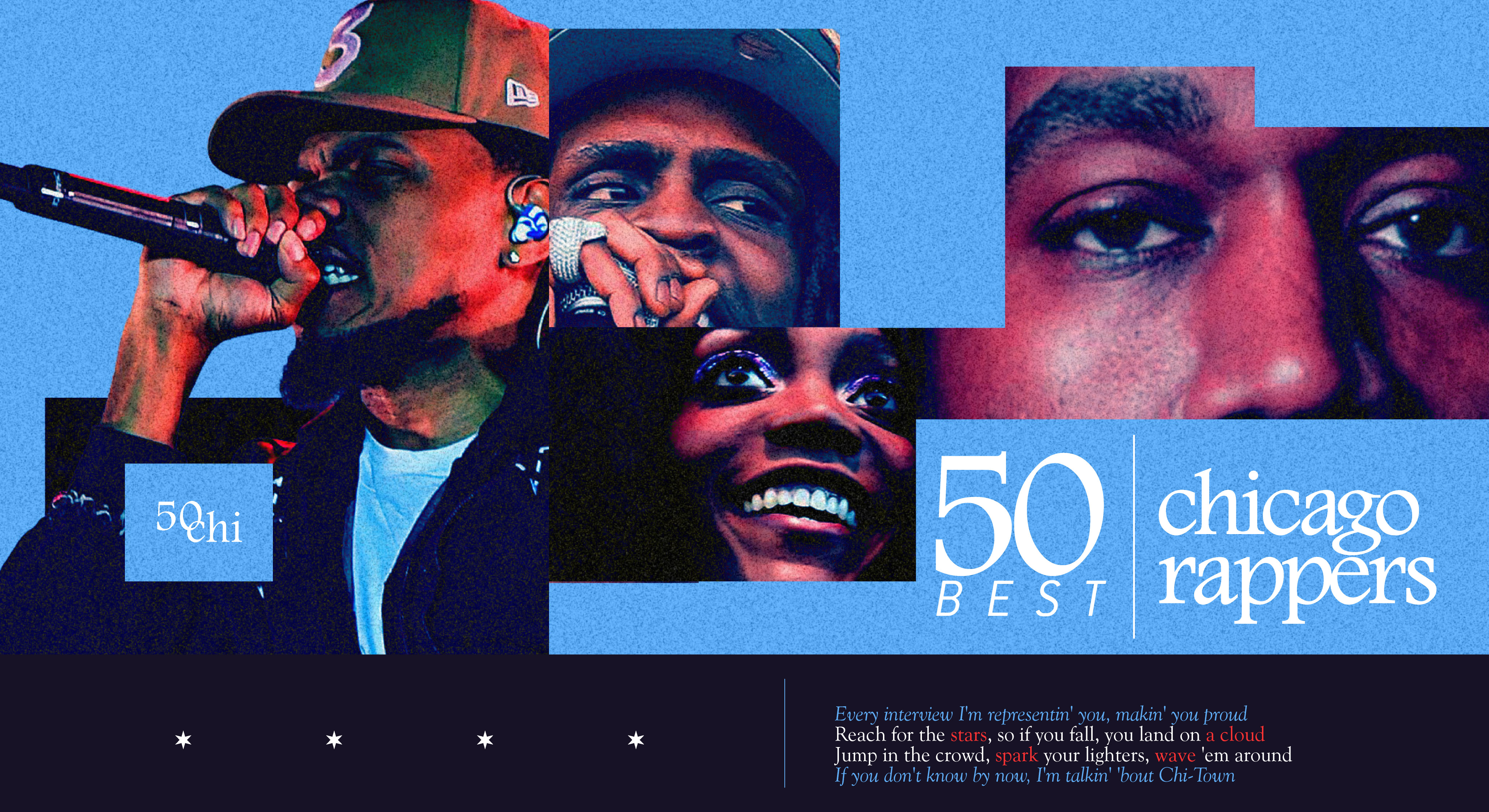 Collage of Chicago rappers, including Chance the Rapper, with the text "50 Best Chicago Rappers" and a quote from Chief Keef.