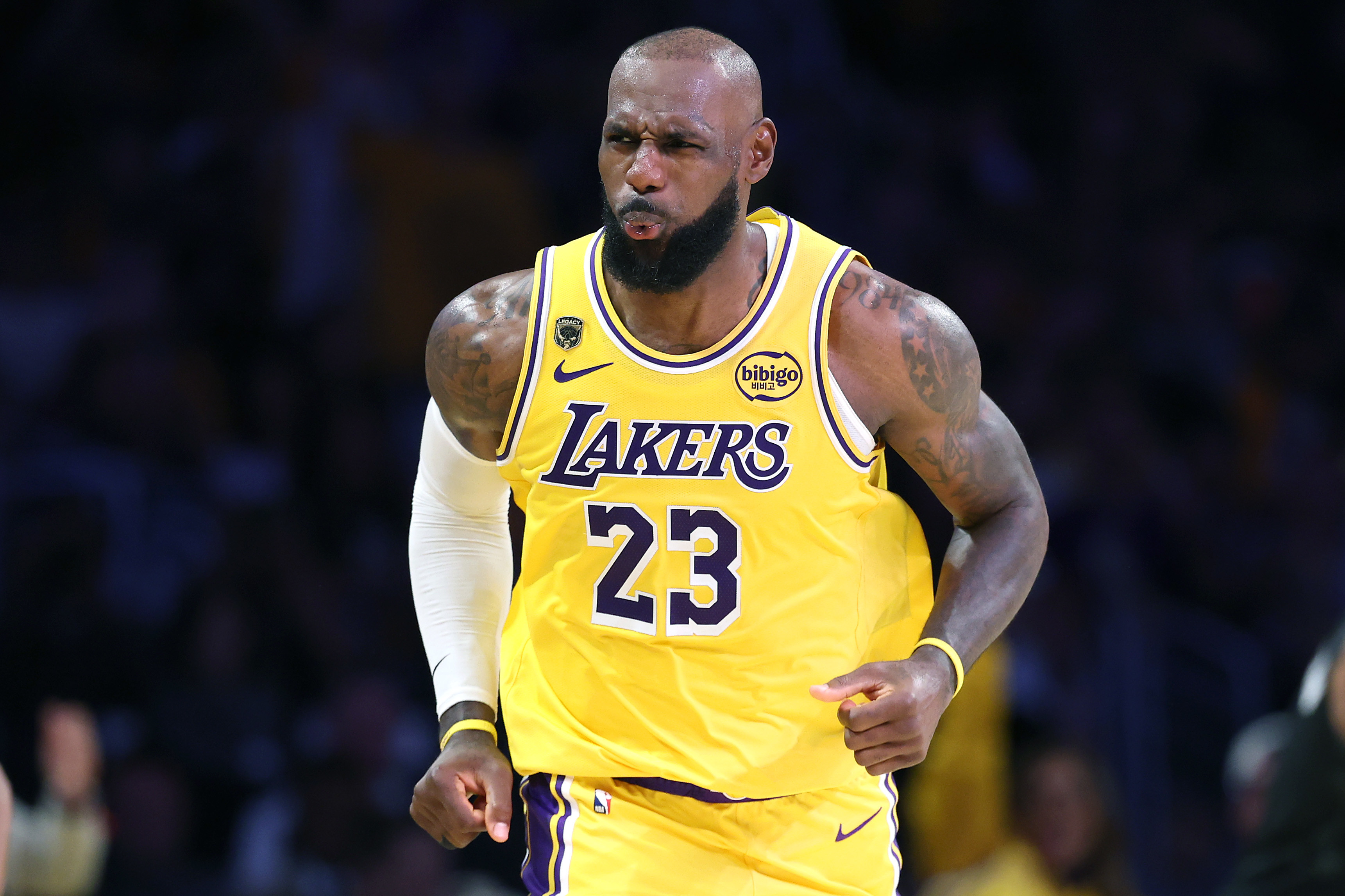 LeBron James gets back on defense during a Lakers-Rockets game during the 2026 NBA Playoffs. 