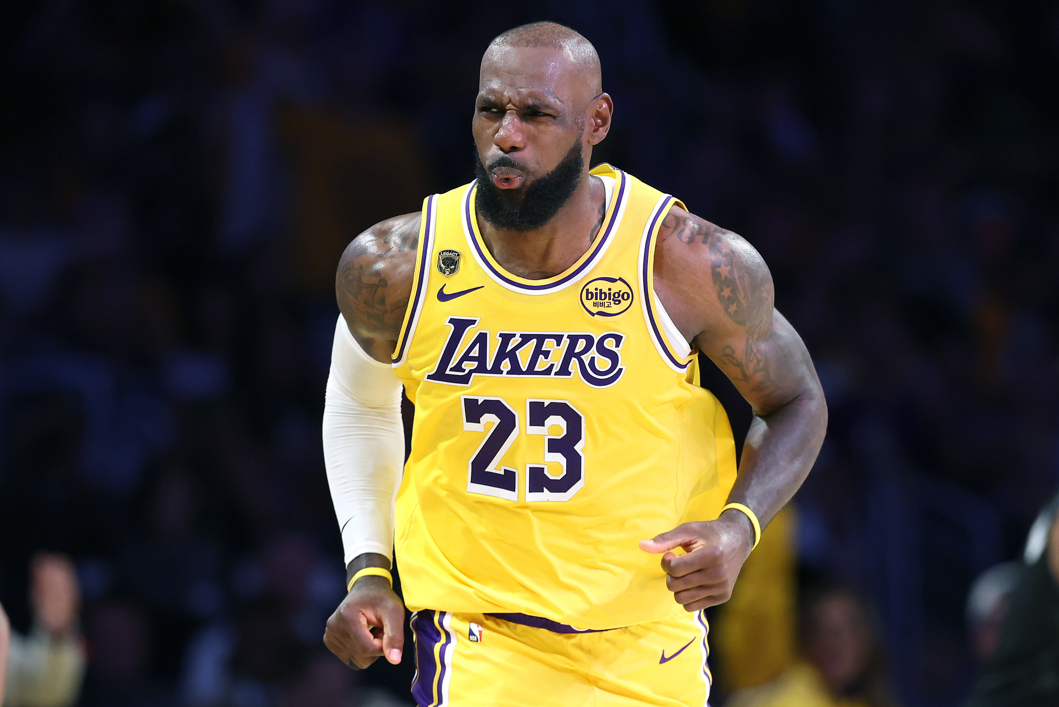 LeBron James gets back on defense during a Lakers-Rockets game during the 2026 NBA Playoffs. 
