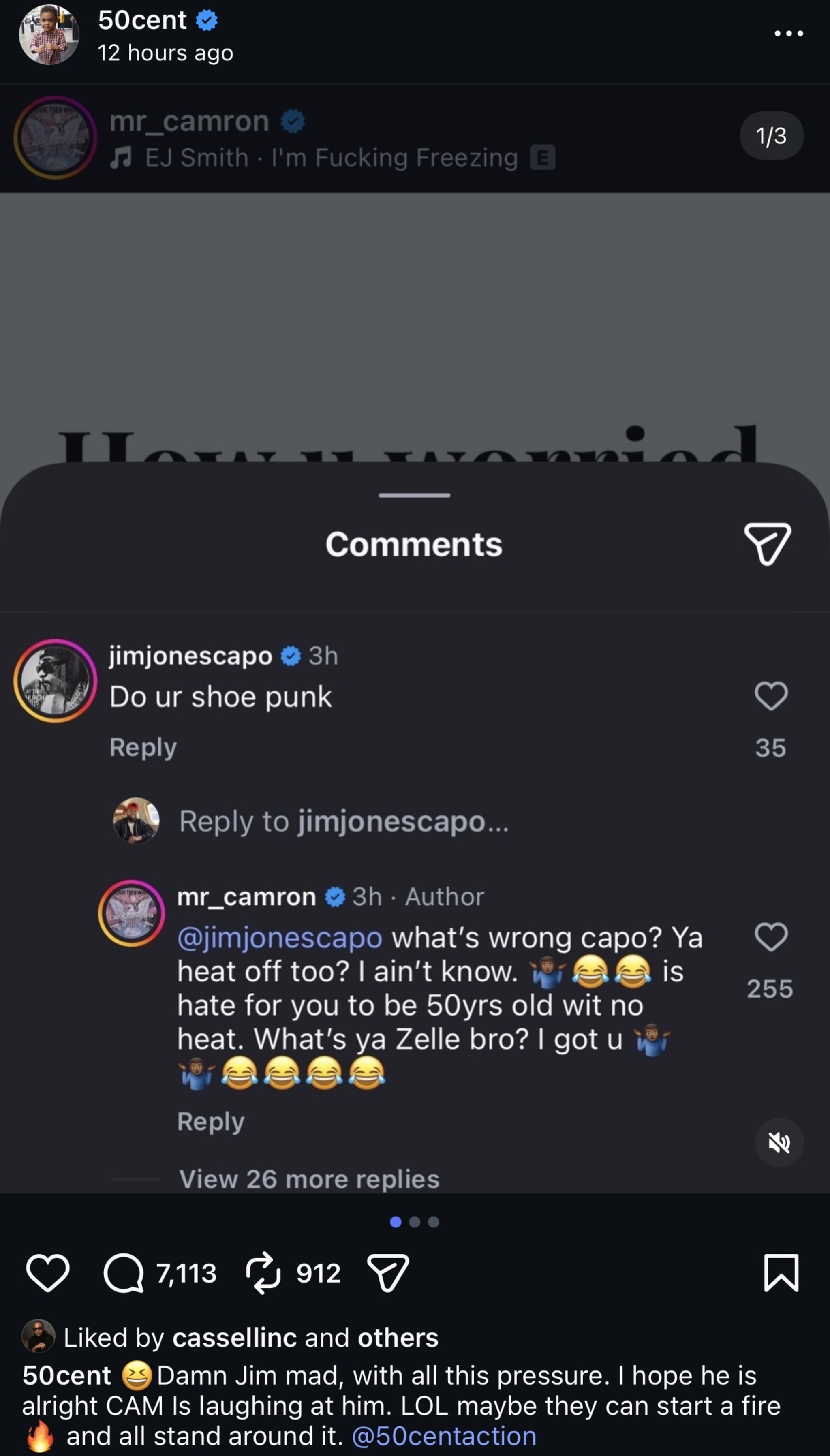50 Cent shares a screenshot of a playful exchange between Jim Jones and Cam'ron on Instagram, with humorous comments.