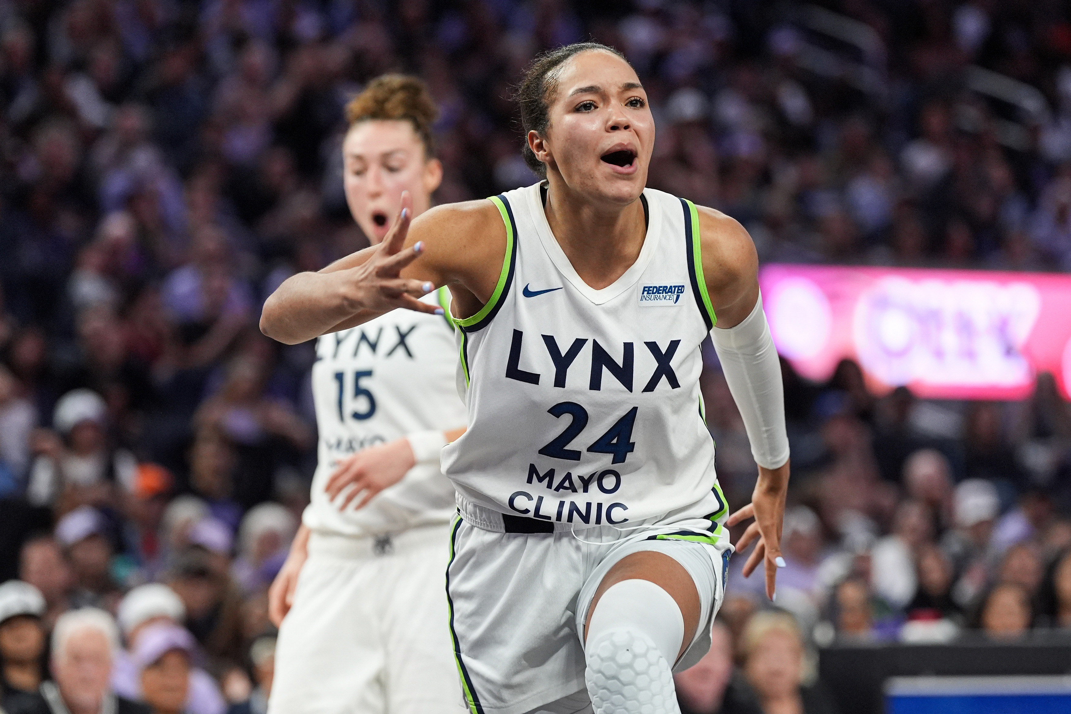 Napheesa Collier reacts to a foul call during a Lynx-Valkyries game in July 2025. 