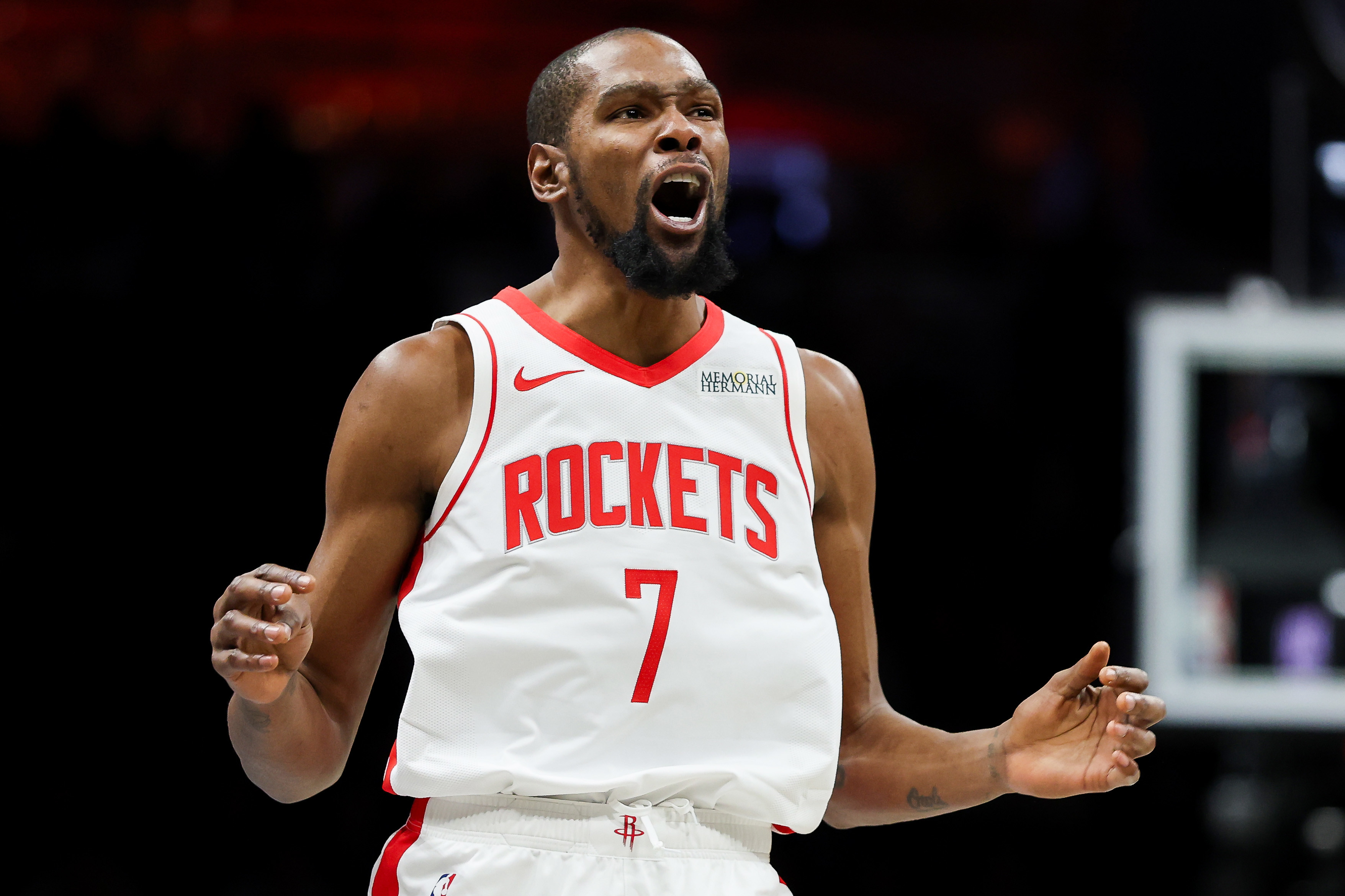 Kevin Durant celebrates during a Houston Rockets-Brooklyn Nets game in January 2026. 