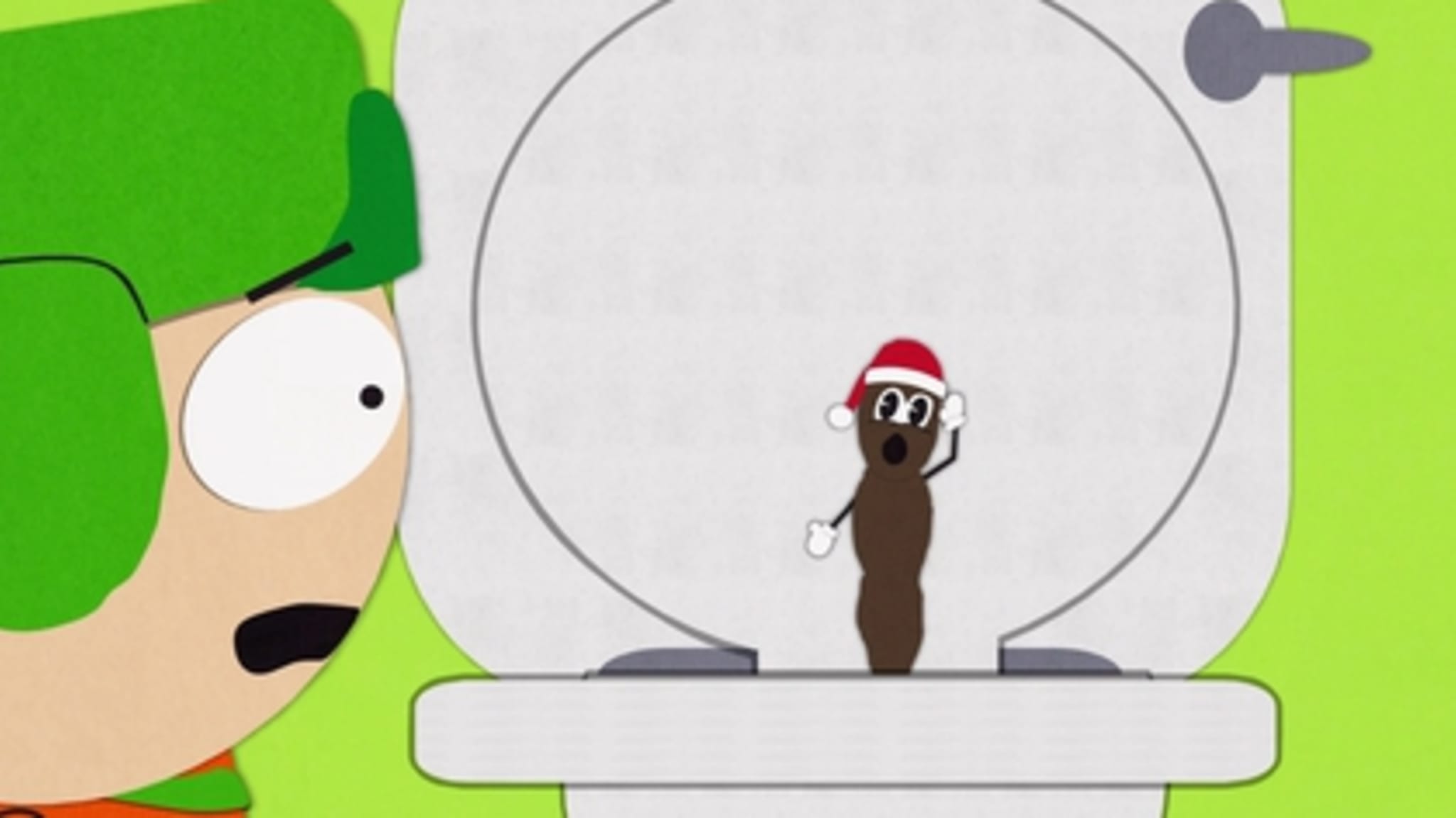 Animated character Kyle from 'South Park' looking at Mr. Hankey the Christmas Poo in a toilet.