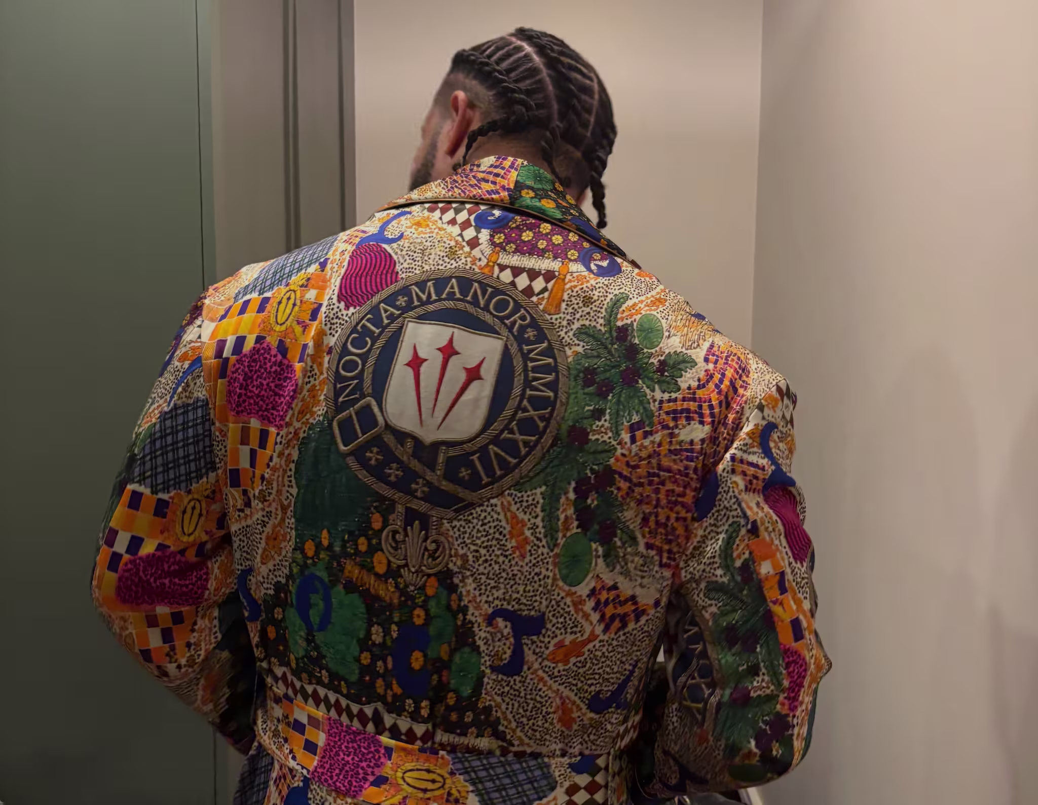 A person with braided hair facing away, wearing a colorful robe with intricate patterns and a circular emblem on the back.