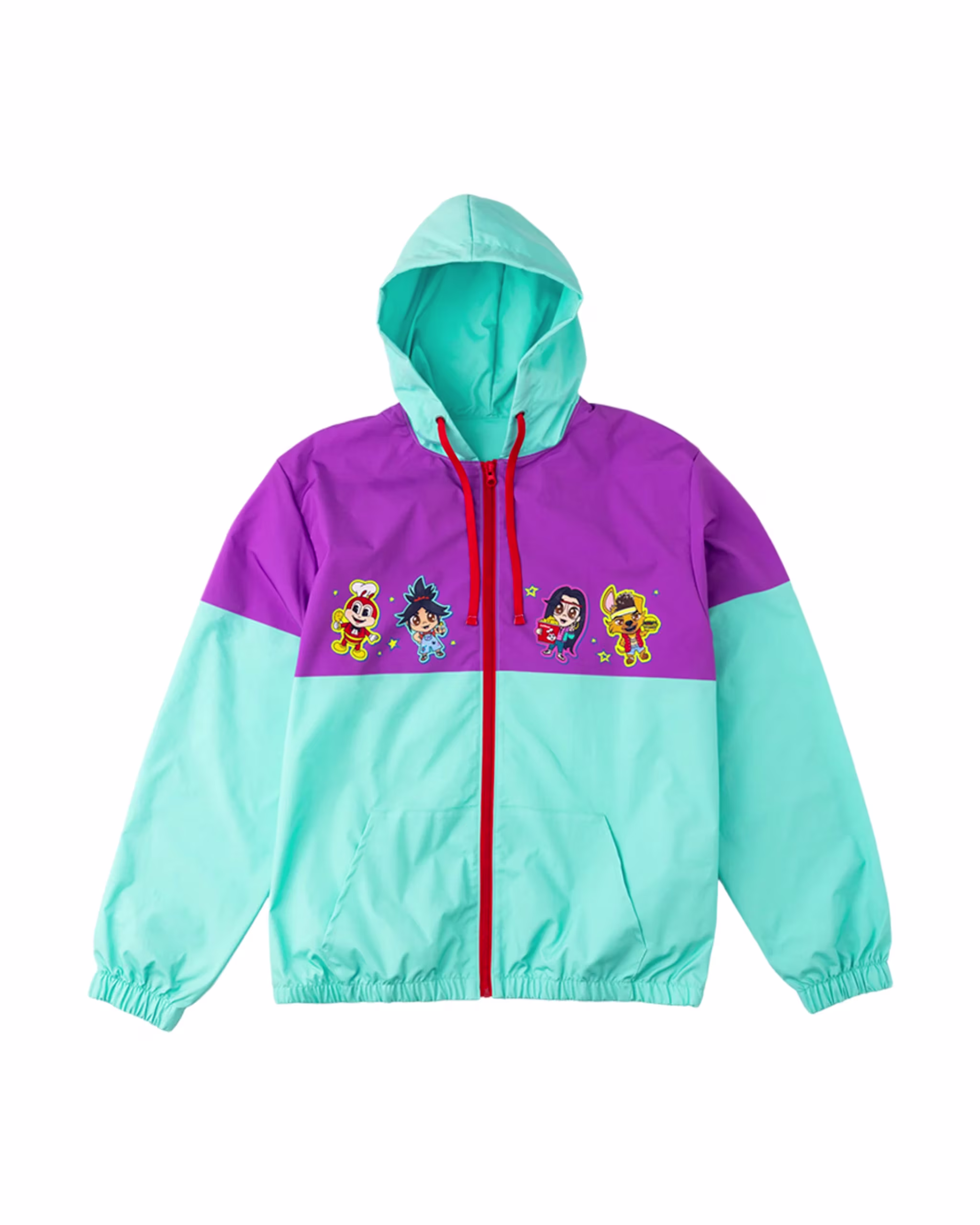 A colorful hooded jacket with cartoon characters on the chest, featuring purple and turquoise color blocks and a red zipper.