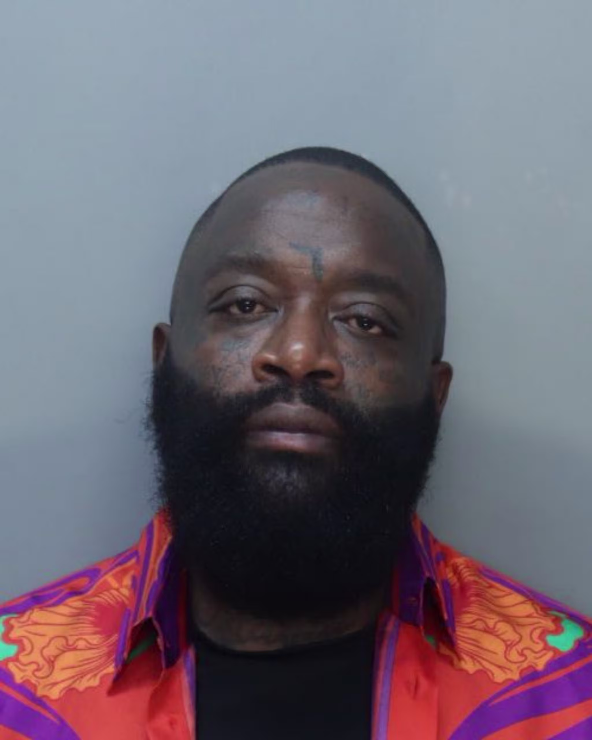 Rick Ross with a beard and tattoos, wearing a colorful shirt, stands against a plain background.