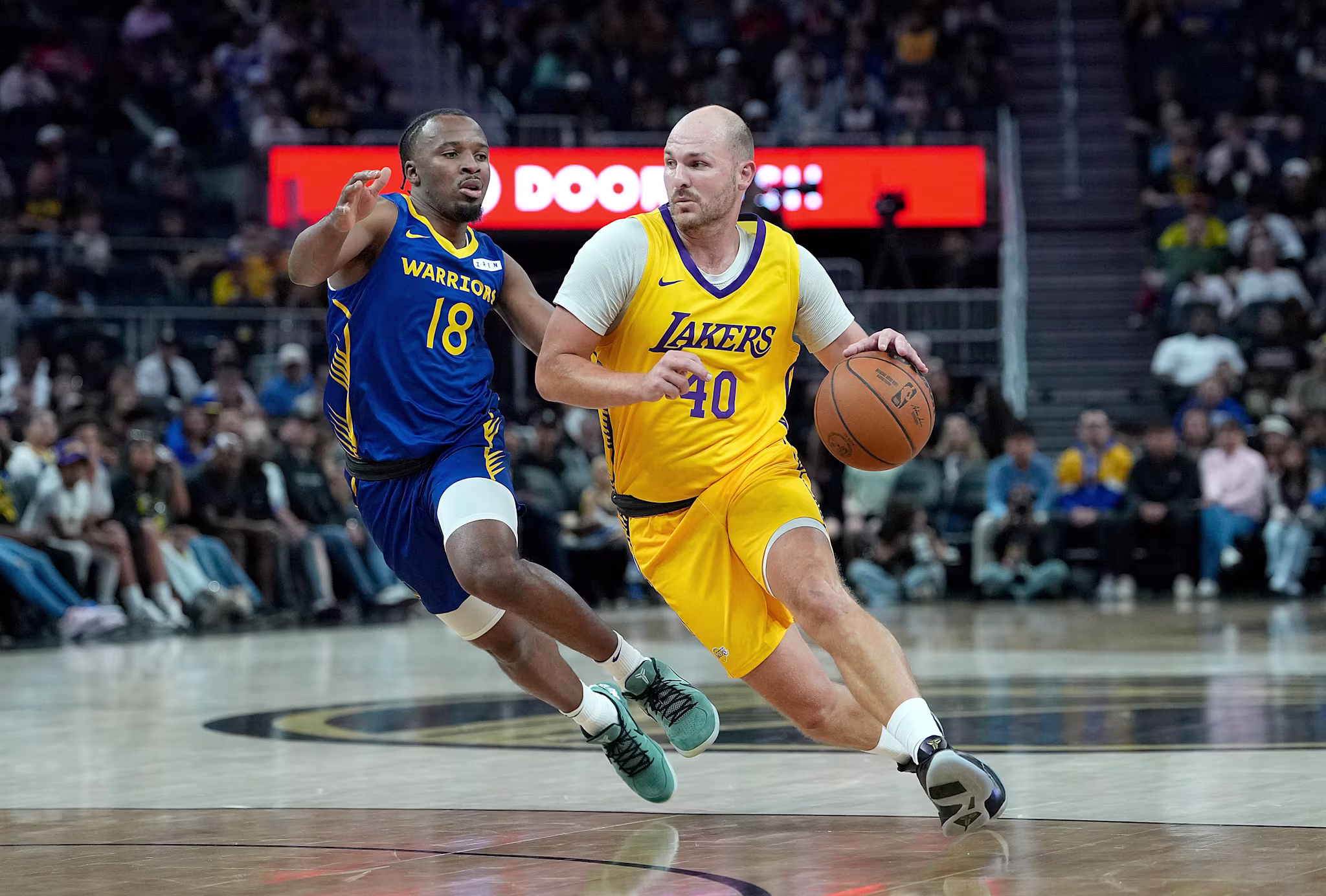 Jon Elmore drives the lane during a Lakers Summer League game in July 2026. 