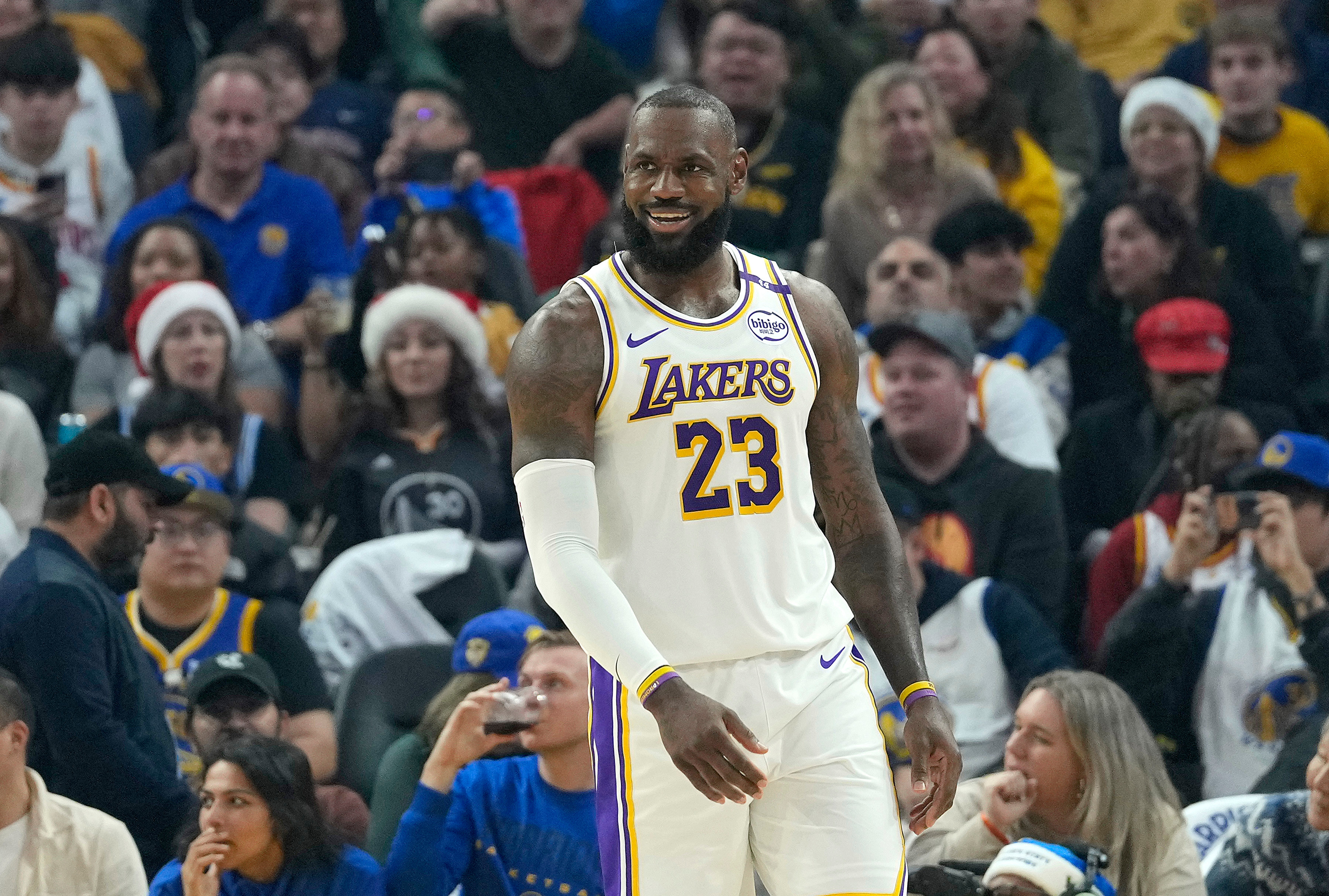 LeBron James reacts to a call during a Los Angeles Lakers-Golden State Warriors game. 