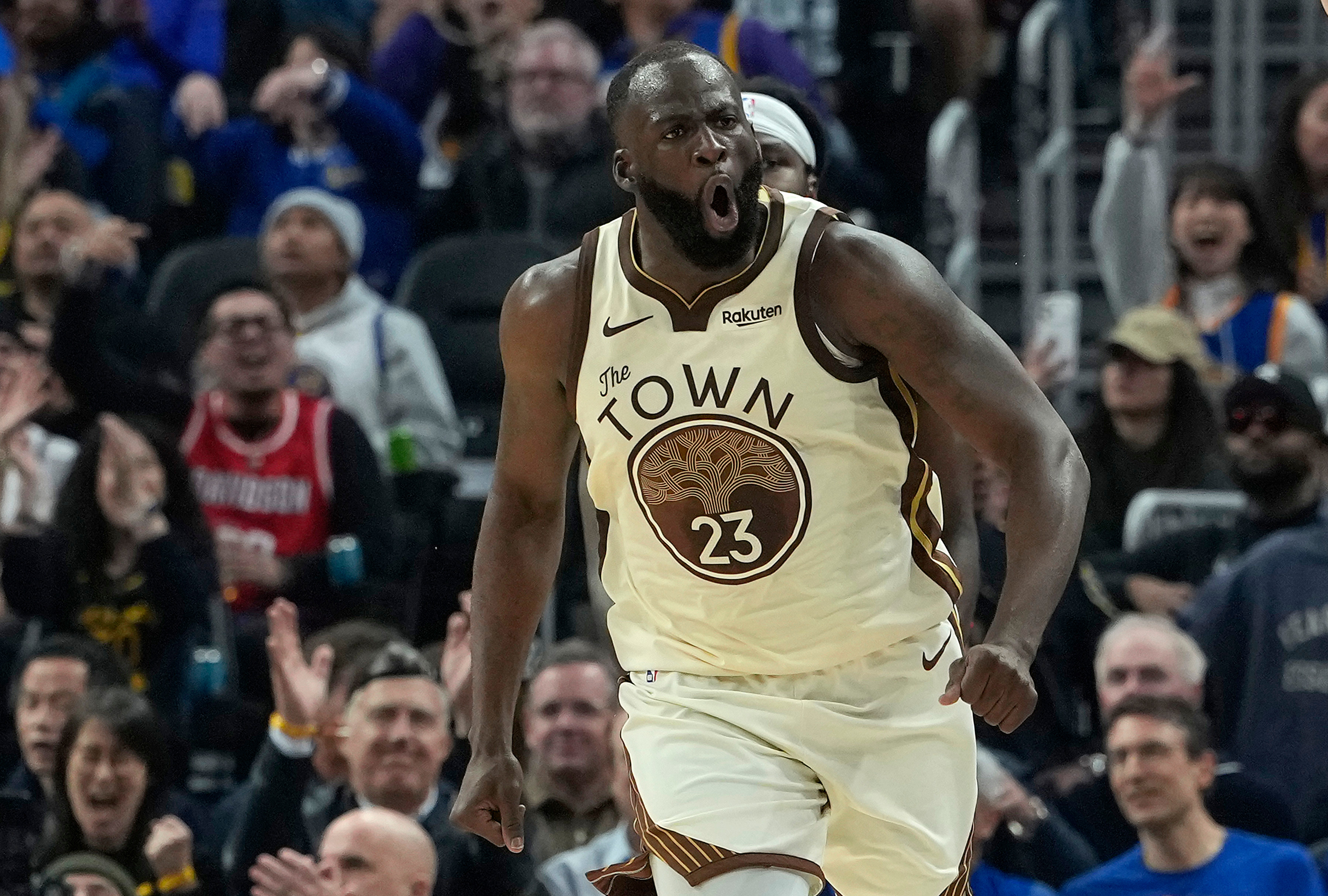 Draymond Green celebrates after hitting a 3-pointer during a Golden State Warriors-Detroit Pistons game in January 2026. 