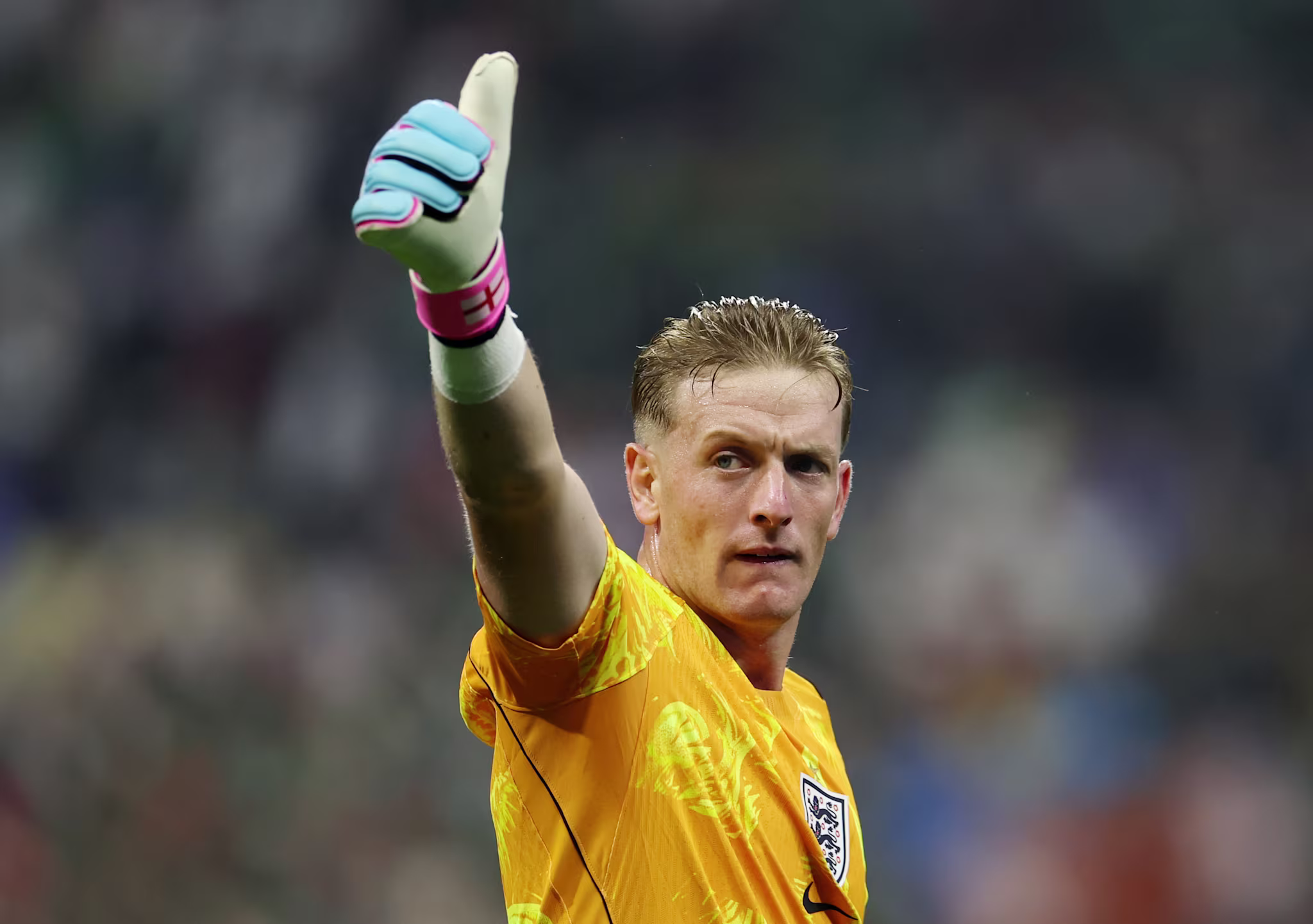 Jordan Pickford reacts after a save during England's win over Mexico during the 2026 FIFA World Cup.