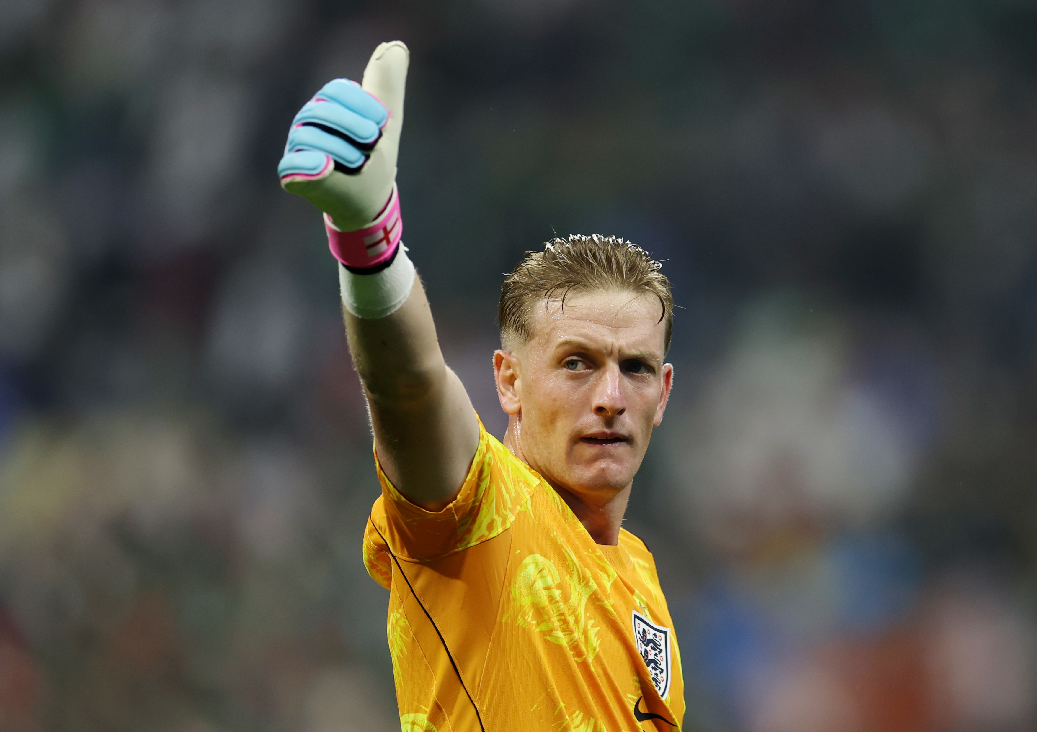 Jordan Pickford reacts after a save during England's win over Mexico during the 2026 FIFA World Cup.