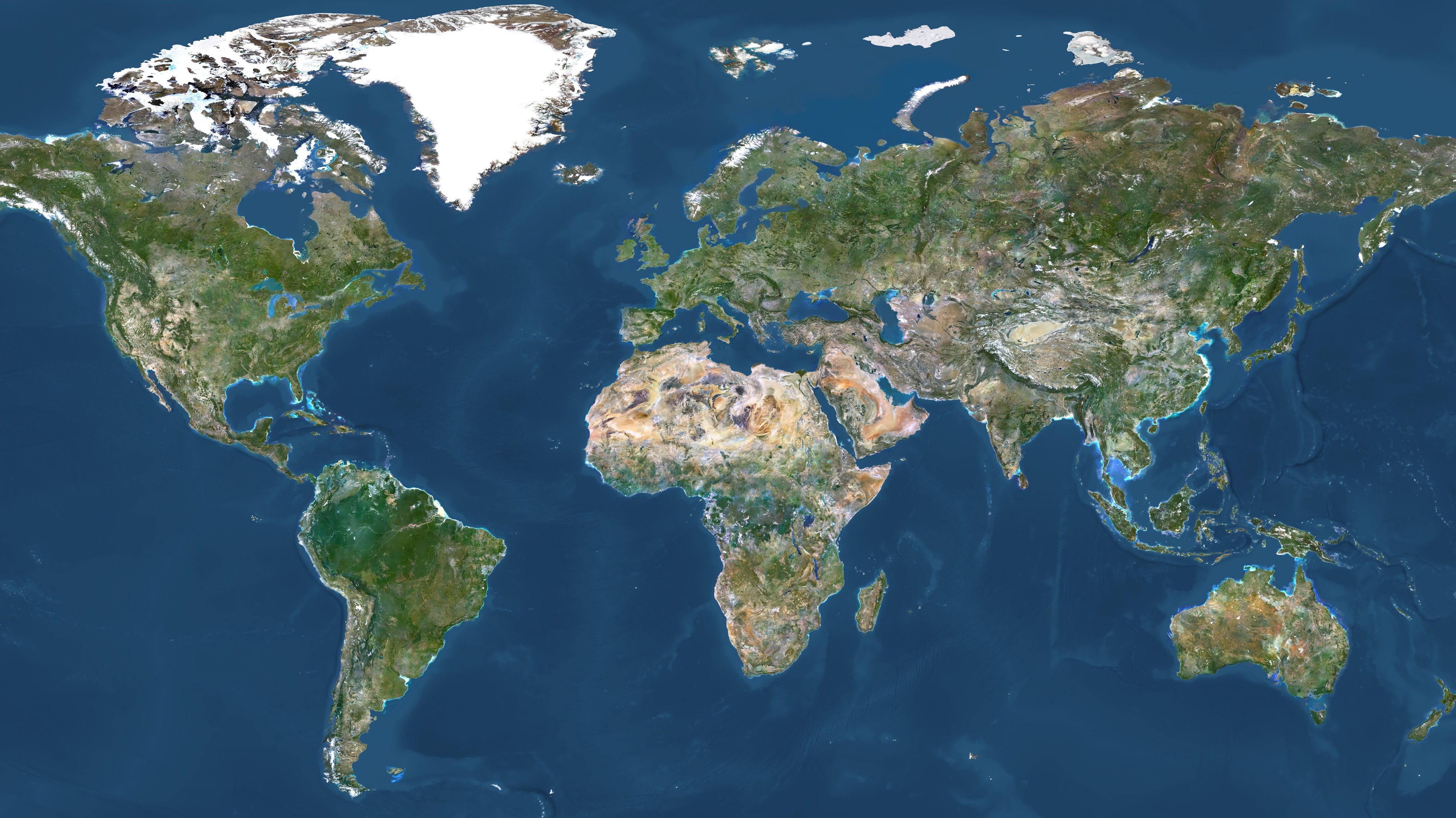 True colour cloudless satellite image of the whole Earth, shown in geographic projection. This image was compiled from data acquired by LANDSAT 5 & 7 satellites., World In Geographic Projection, True Colour Satellite Image