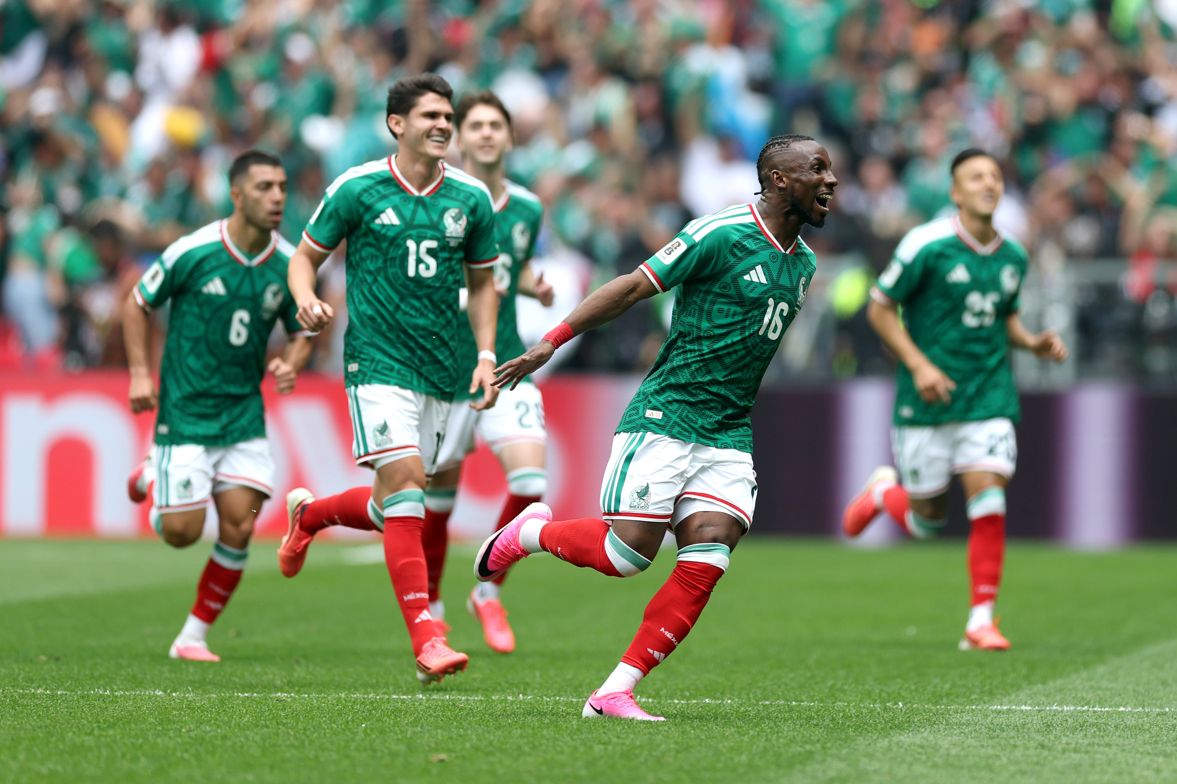 Julian Quinones celebrates his goal during Mexico's win over South Africa at the 2026 FIFA World Cup. 