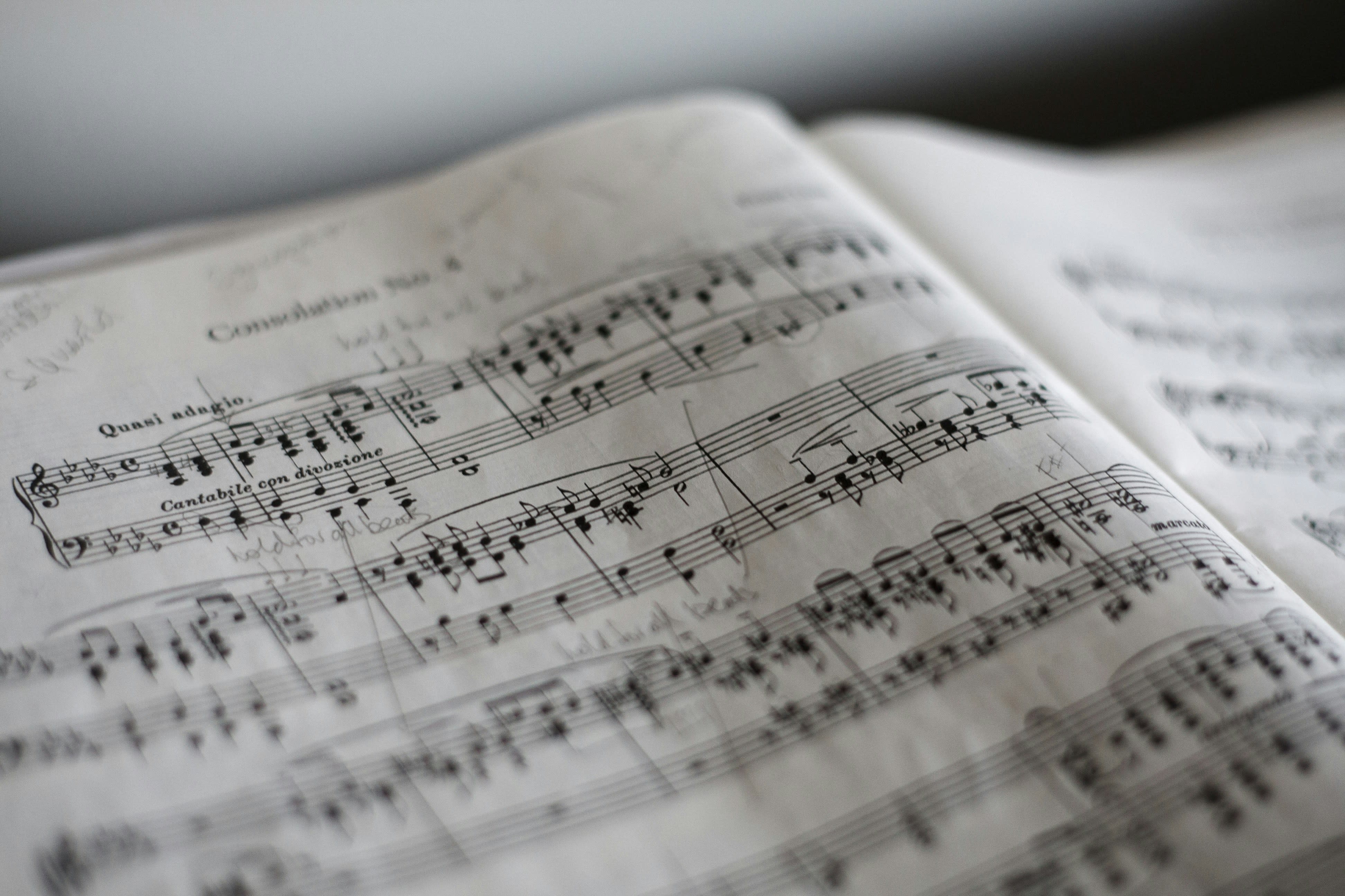 Sheet music with handwritten notes and annotations. The page is slightly curved, suggesting use during a performance or practice.