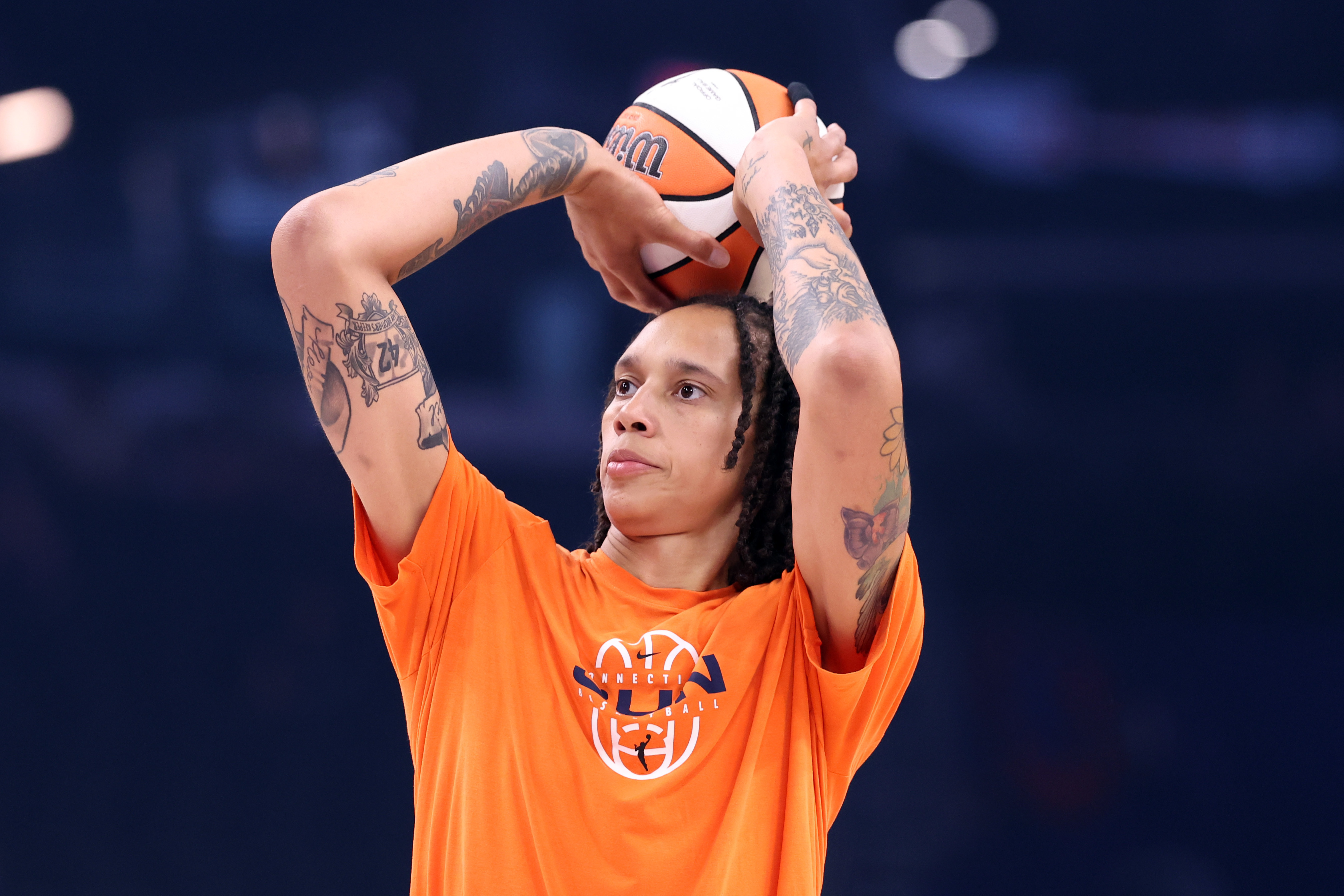 Brittney Griner wams up before a Connecticut Sun game in July 2026. 
