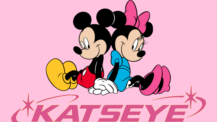Mickey and Minnie Mouse sitting together on a pink background with "KATSEYE" written below.