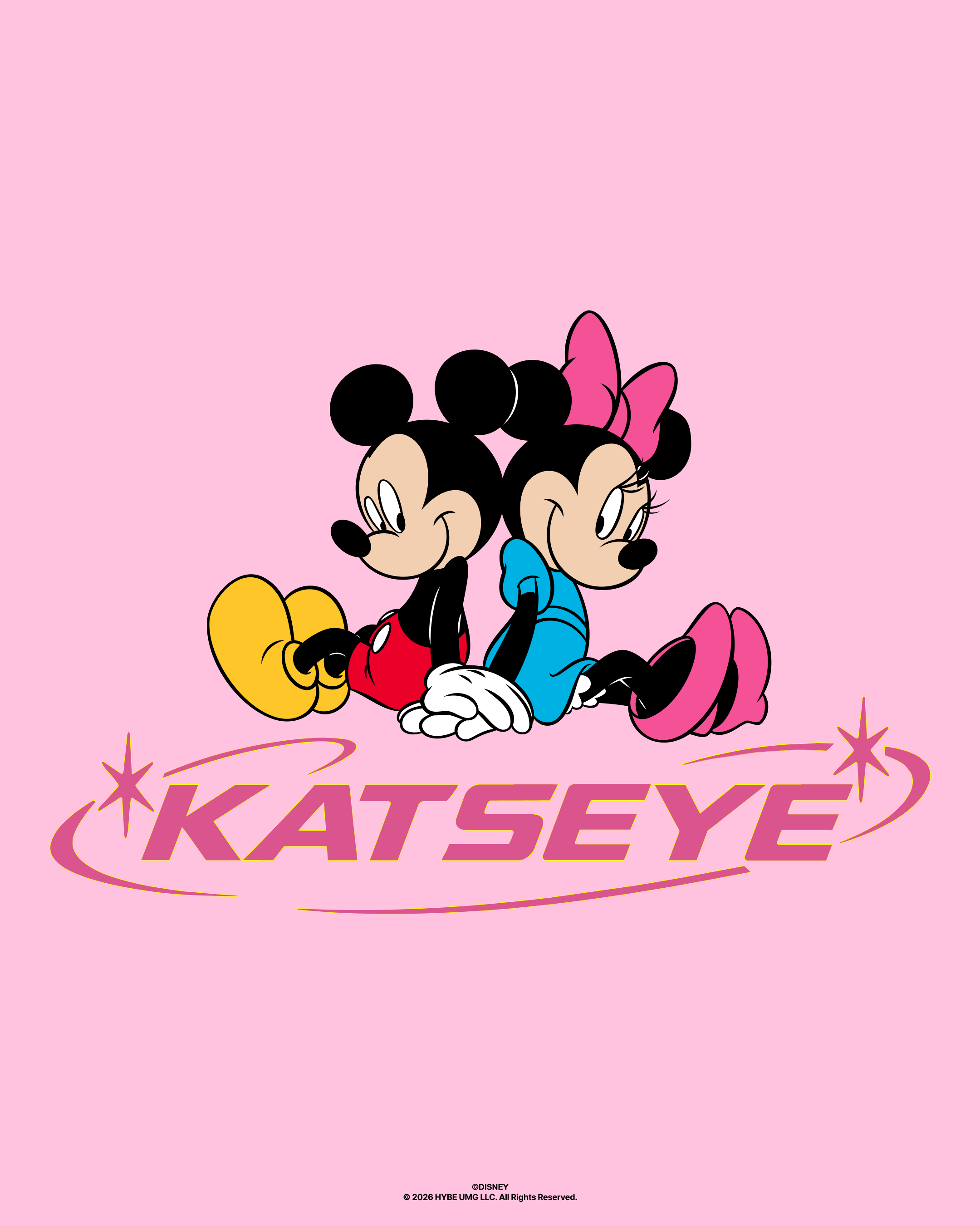 Mickey and Minnie Mouse sitting together on a pink background with "KATSEYE" written below.