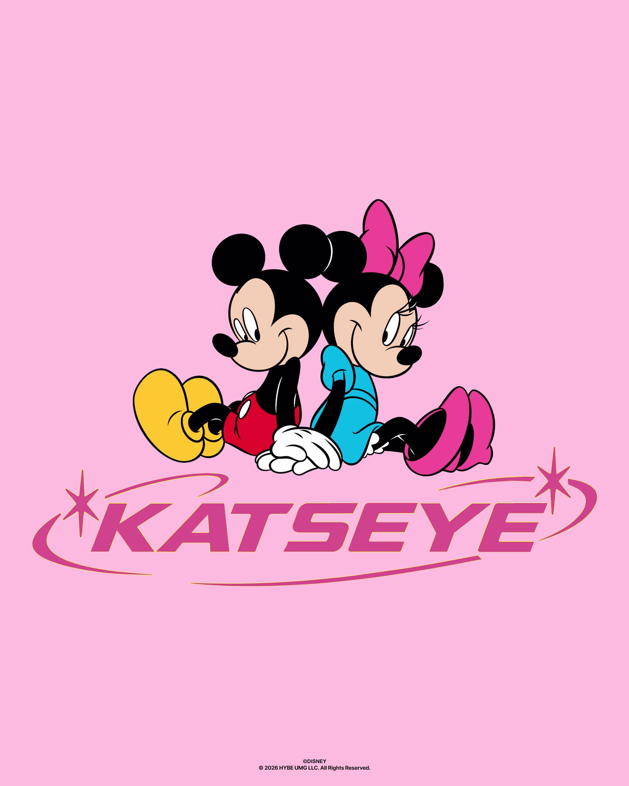 Mickey and Minnie Mouse sitting back-to-back on a pink background with "KATSEYE" text below them.