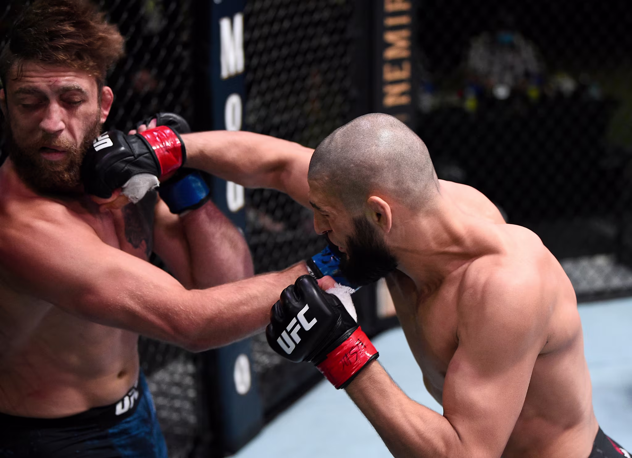 Khamzat Chimaev of Chechnya punches Gerald Meerschaert in their middleweight bout during the UFC Fight Night event at UFC APEX on September 19, 2020 in Las Vegas, Nevada. 
