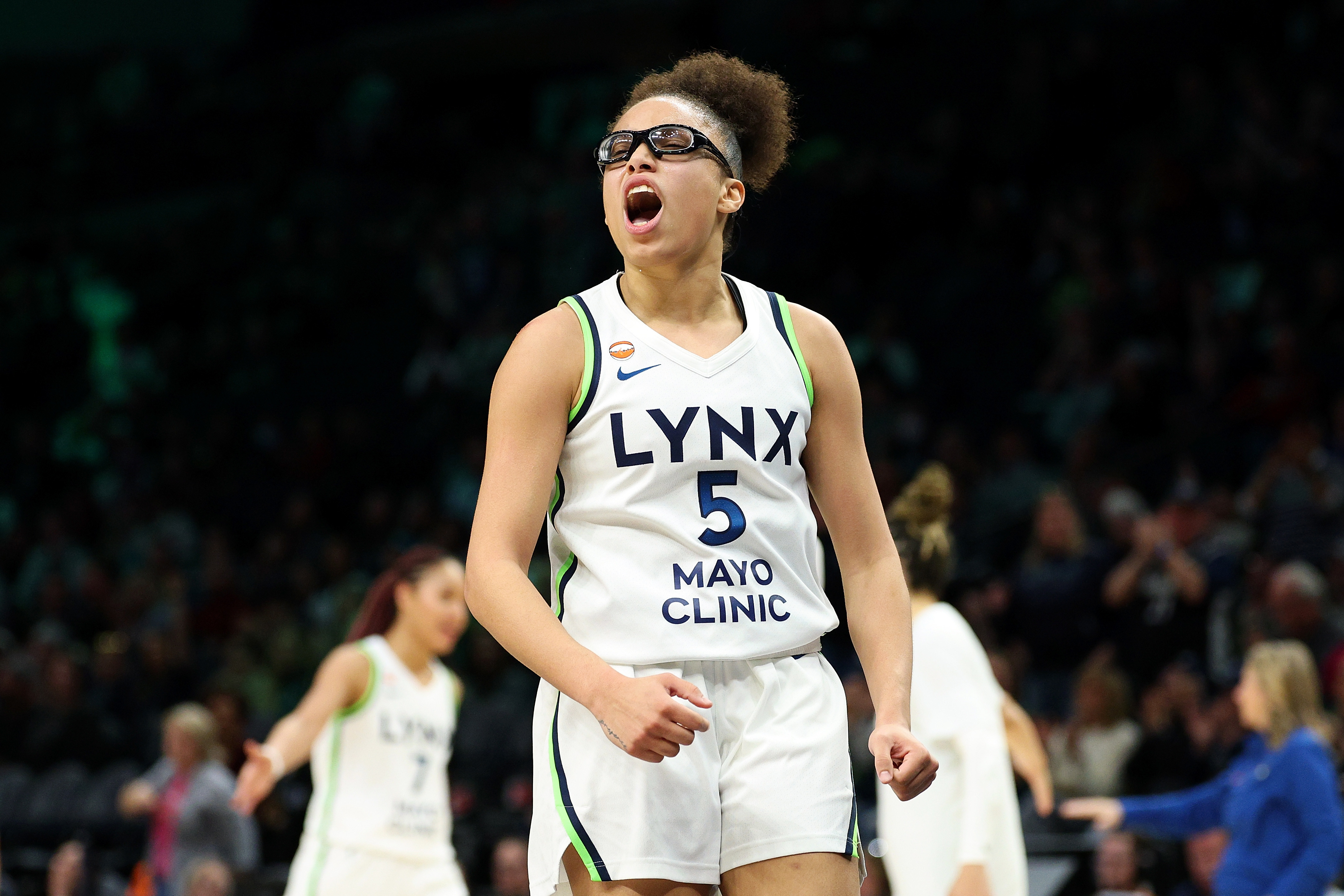 Olivia Miles celebrates a bucket during a June 2026 WNBA game between the Minnesota Lynx and Toronto Tempo. 