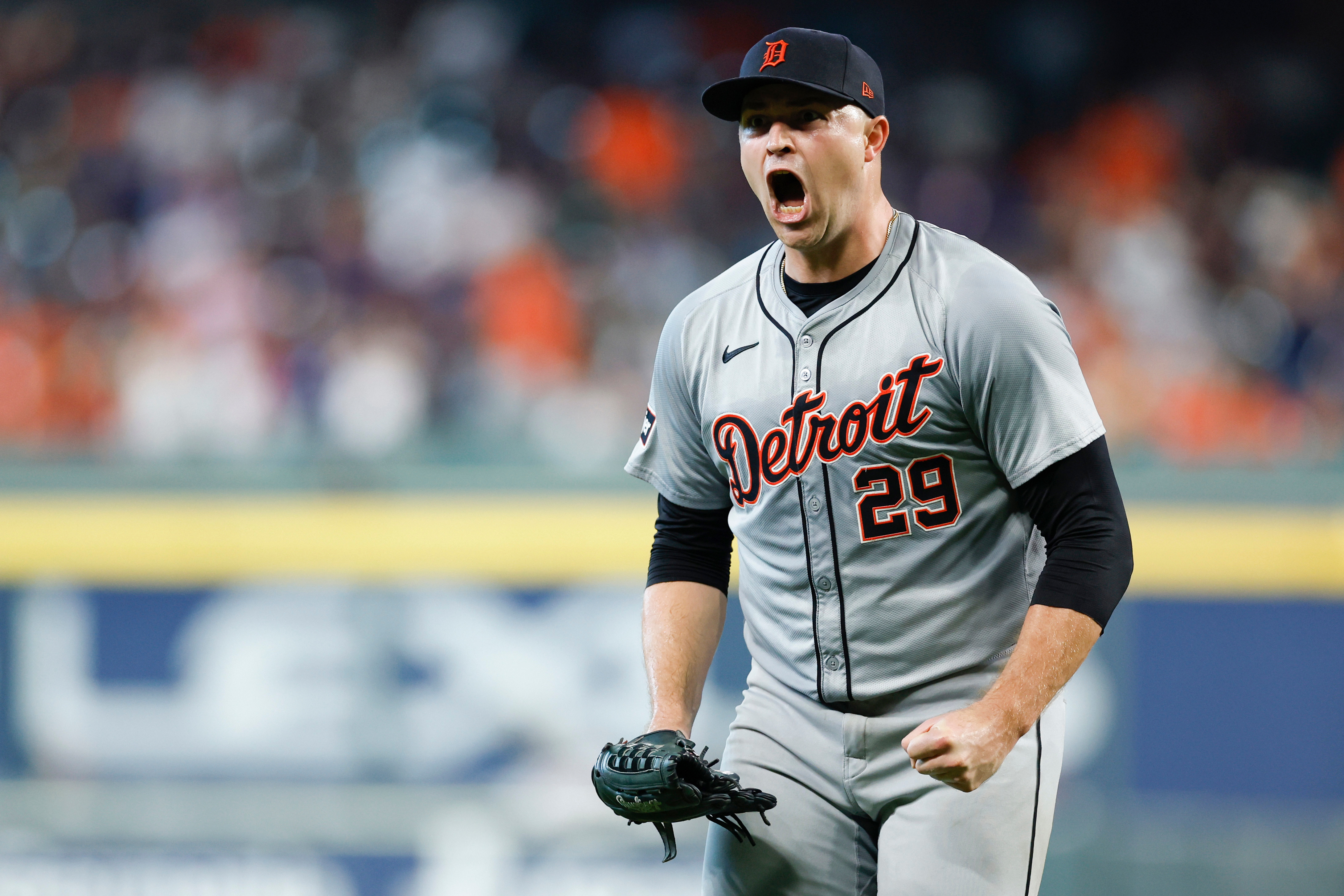 Tarik Skubal celebrates after getting an out during the 2025 Wild Card Game between the Detroit Tigers and Houston Astros. 