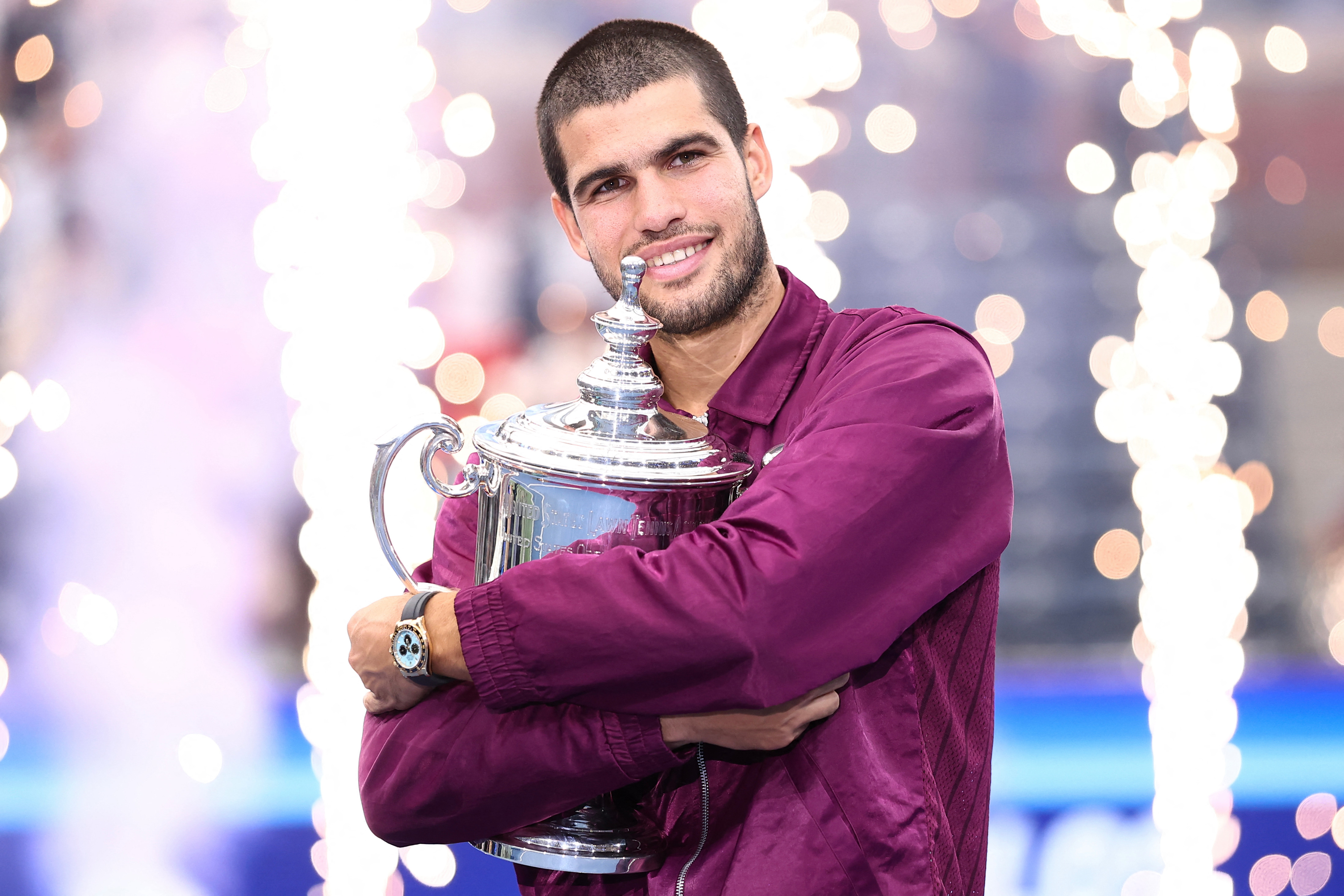 Carlos Alcaraz celebrates after winning the 2025 US Open. 