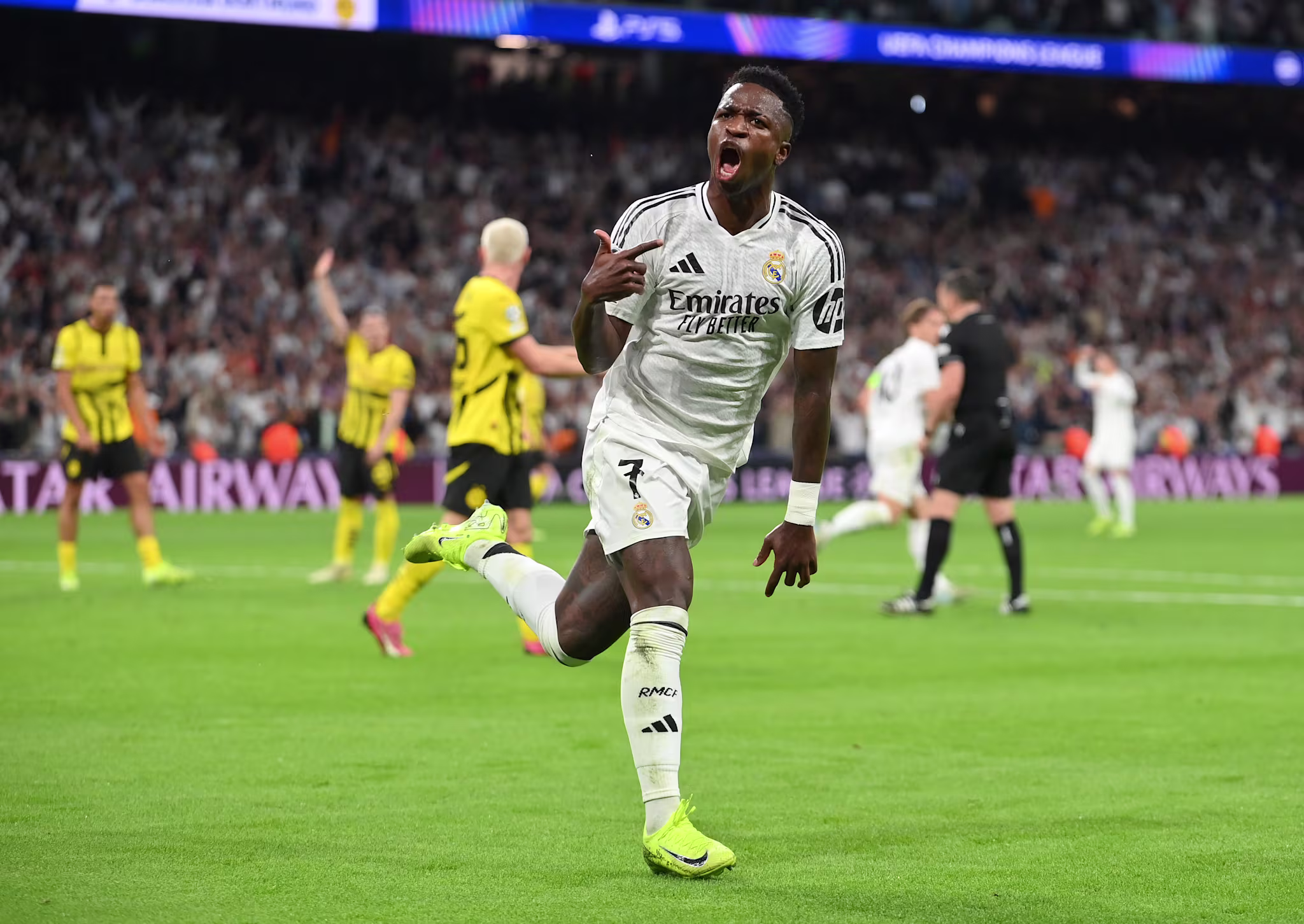 Vini Jr. celebrates after scoring a goal for Real Madrid against Borussia Dortmund. 