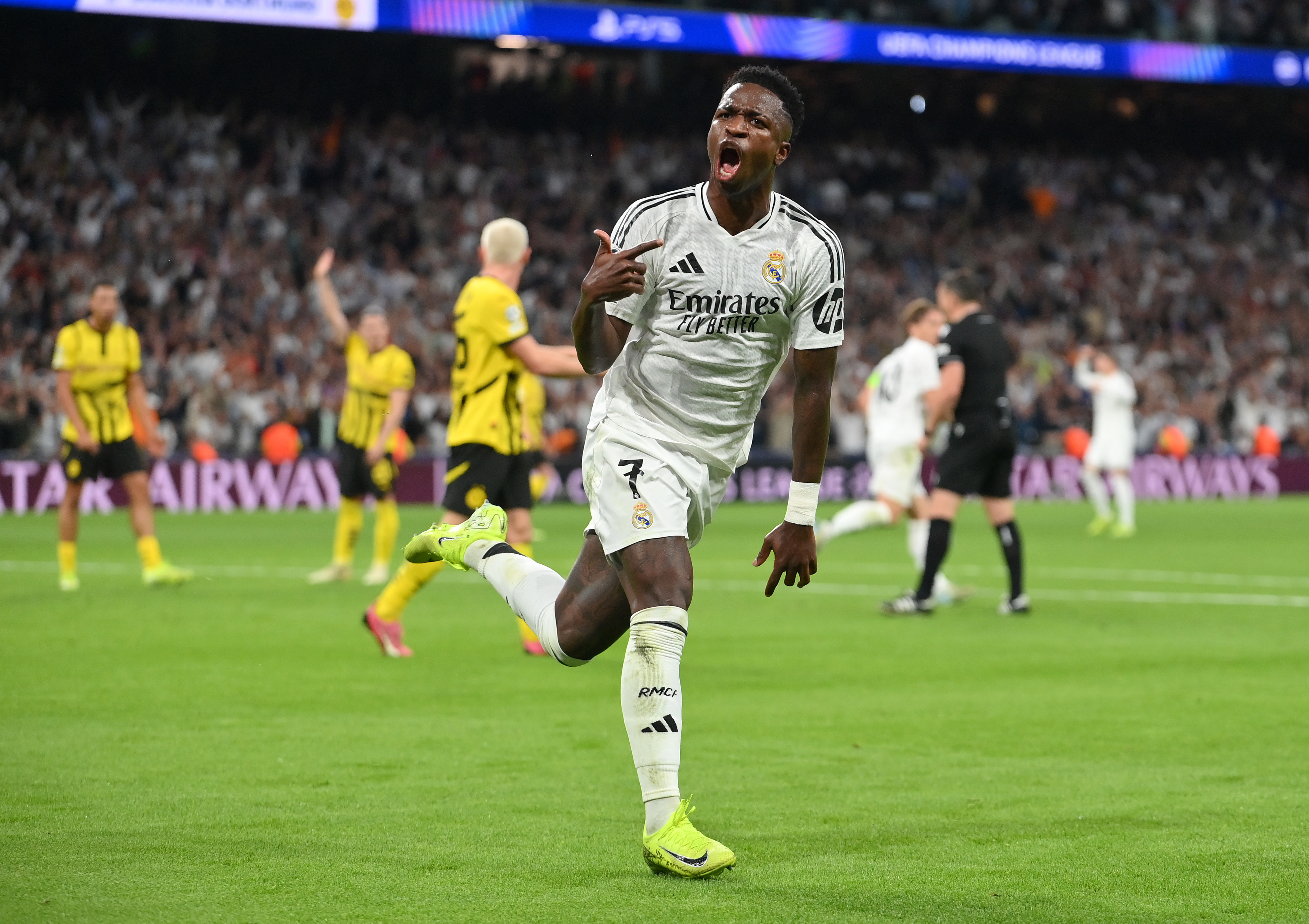 Vini Jr. celebrates after scoring a goal for Real Madrid against Borussia Dortmund. 