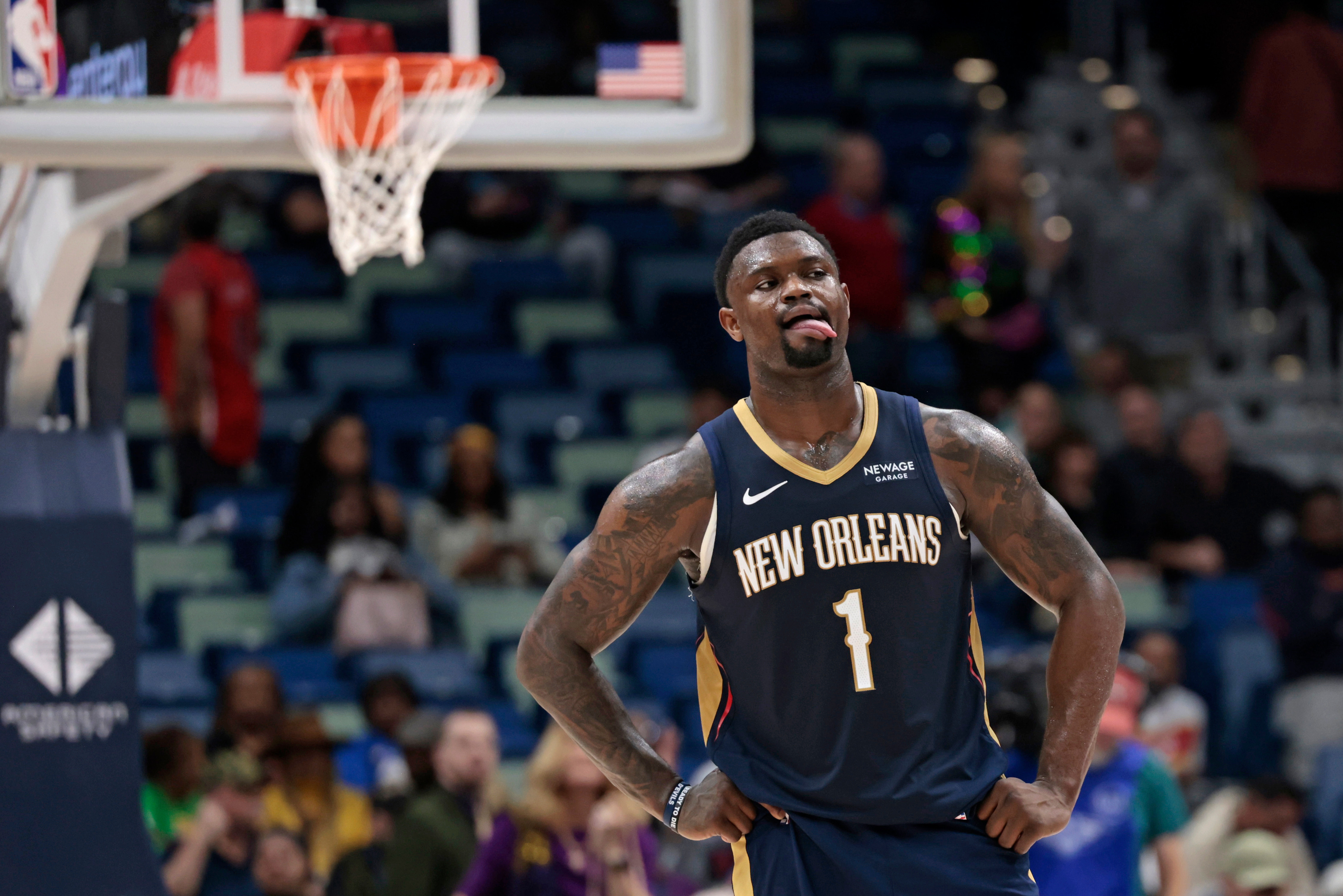 Zion Williamson sulks after the New Orleans Pelicans loss to the Miami Heat in February 2026. 