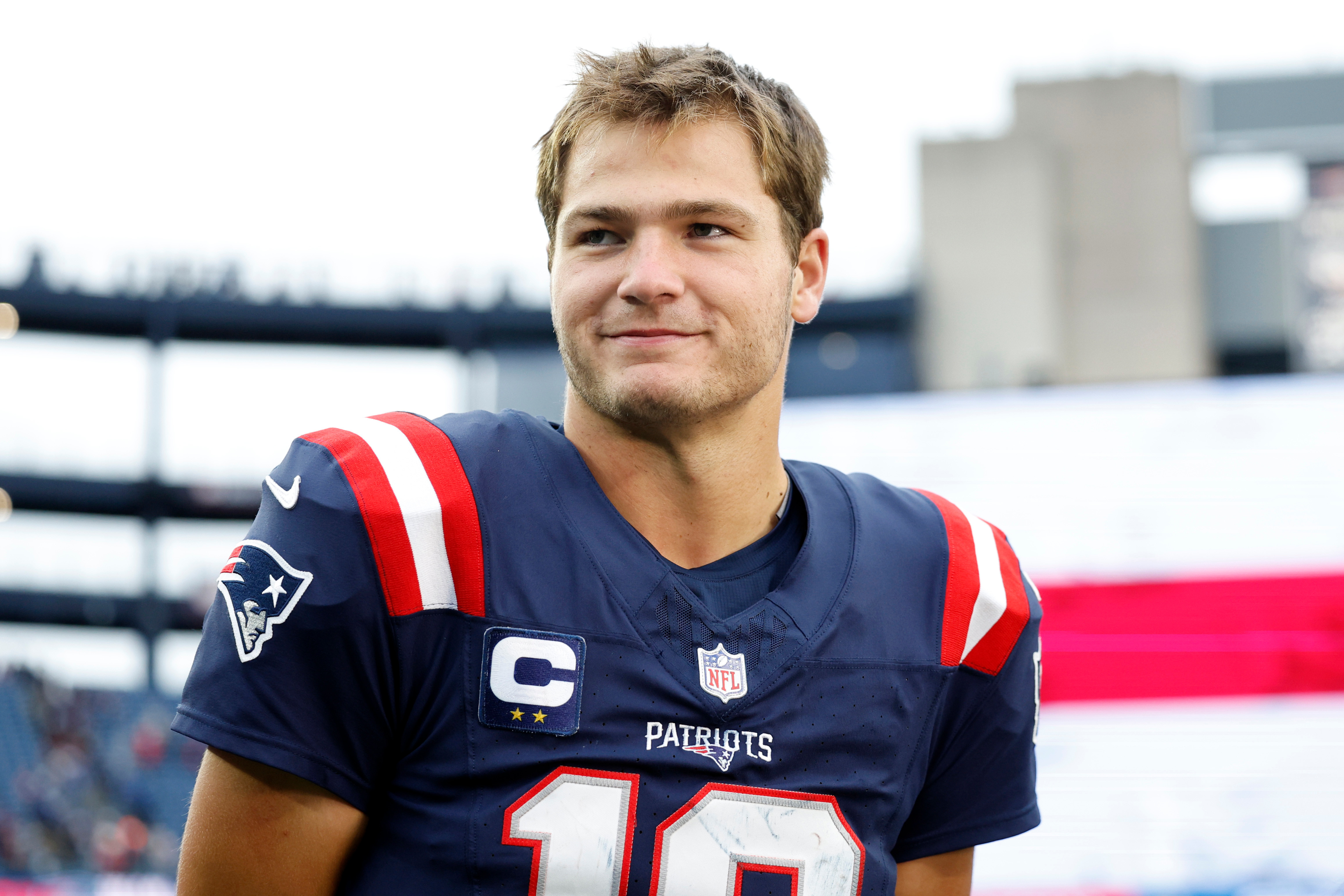 Drake Maye warms up before a New England Patriots game in September 2026. 