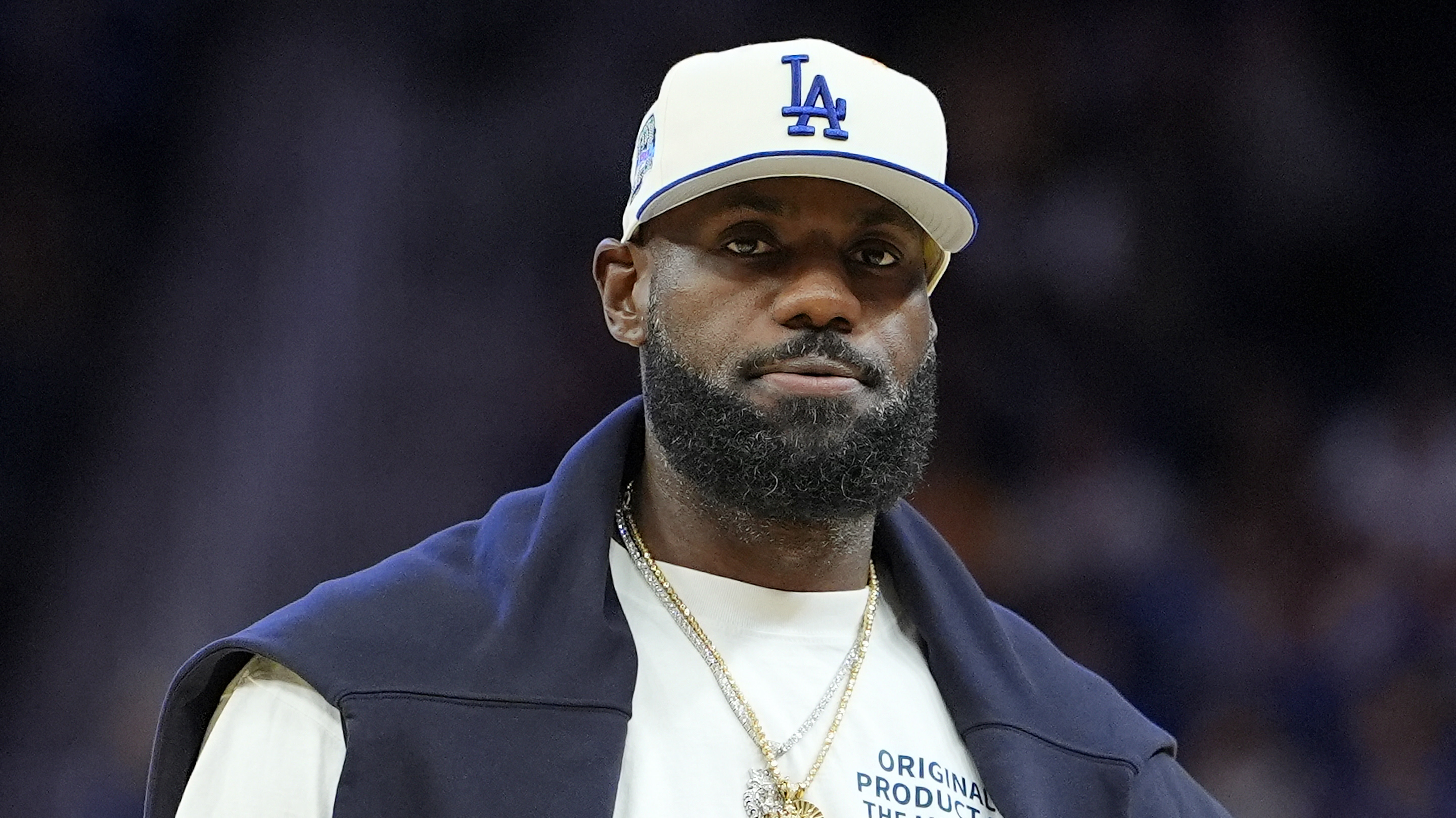 Lebron James #23 of the Los Angeles Lakers looks on against the Golden State Warriors during a time out in the second half of a preseason NBA game at Chase Center on October 05, 2025 in San Francisco, California. 
