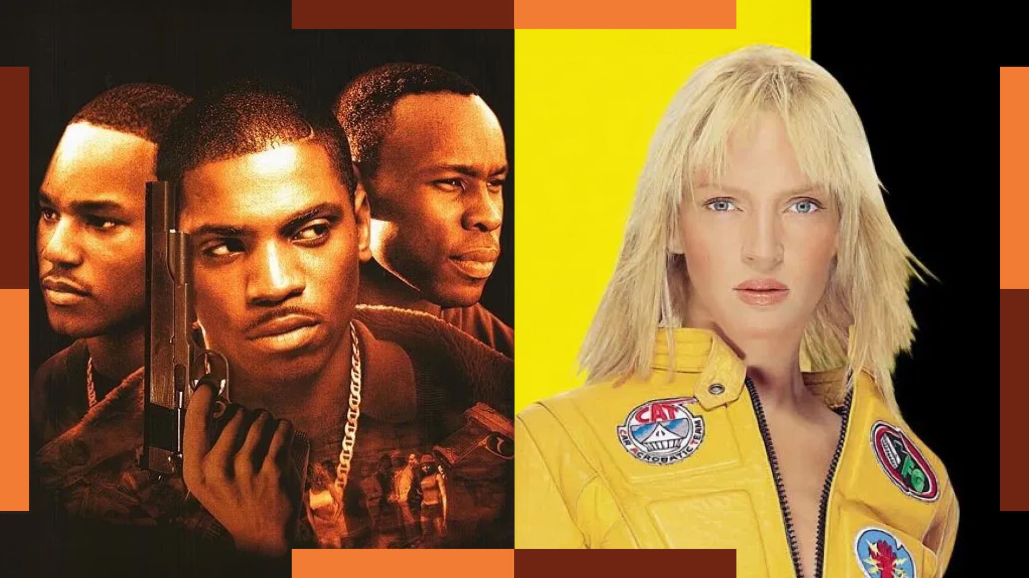 Split image: left shows three men with serious expressions, one holding a gun; right shows Uma Thurman as The Bride in a yellow suit.