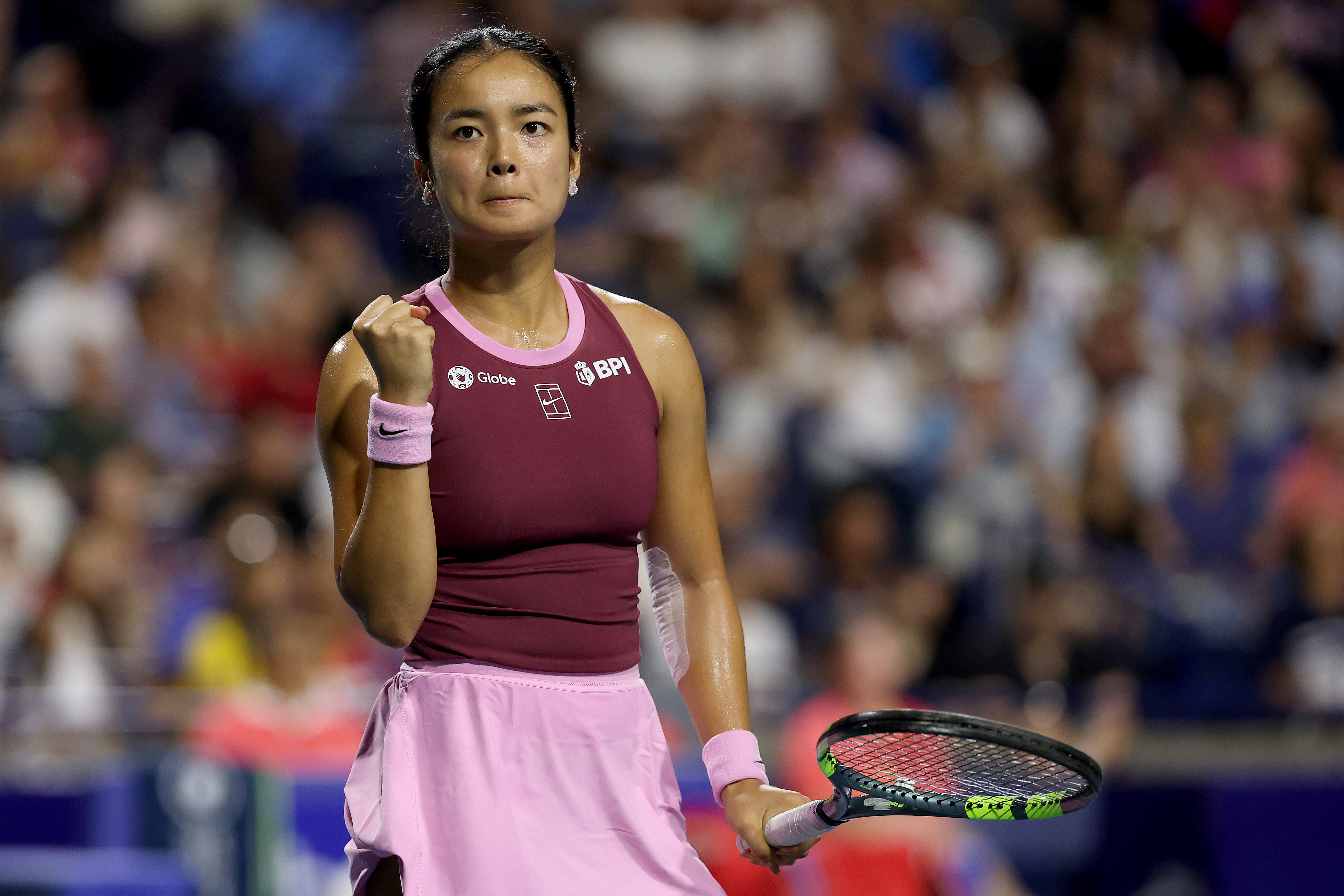 Alex Eala celebrates a point against Caty McNally during their match in Toronto in August 2026. 