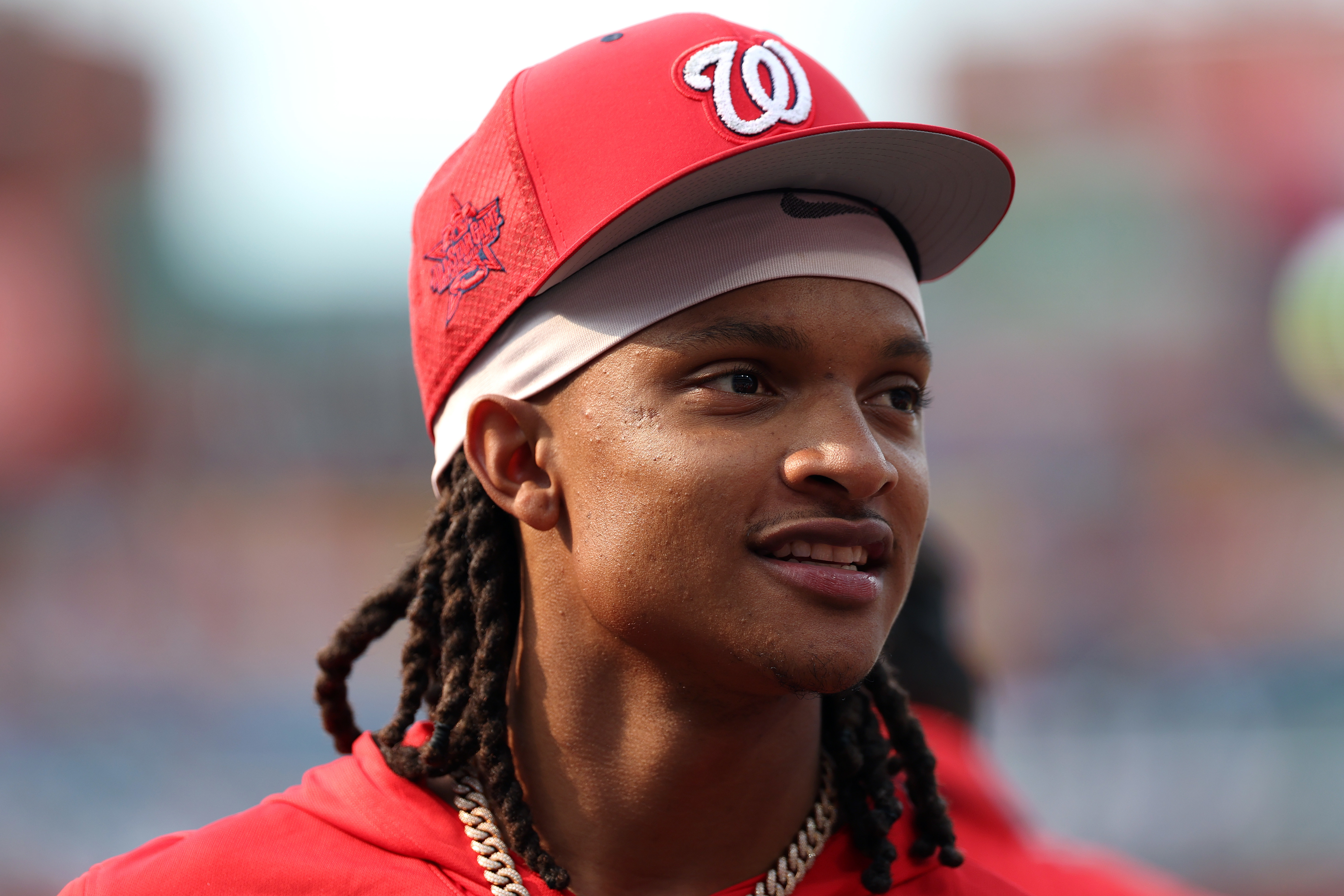 CJ Abrams of the Washington Nationals looks on prior to the 2026 MLB All-Star Game. 