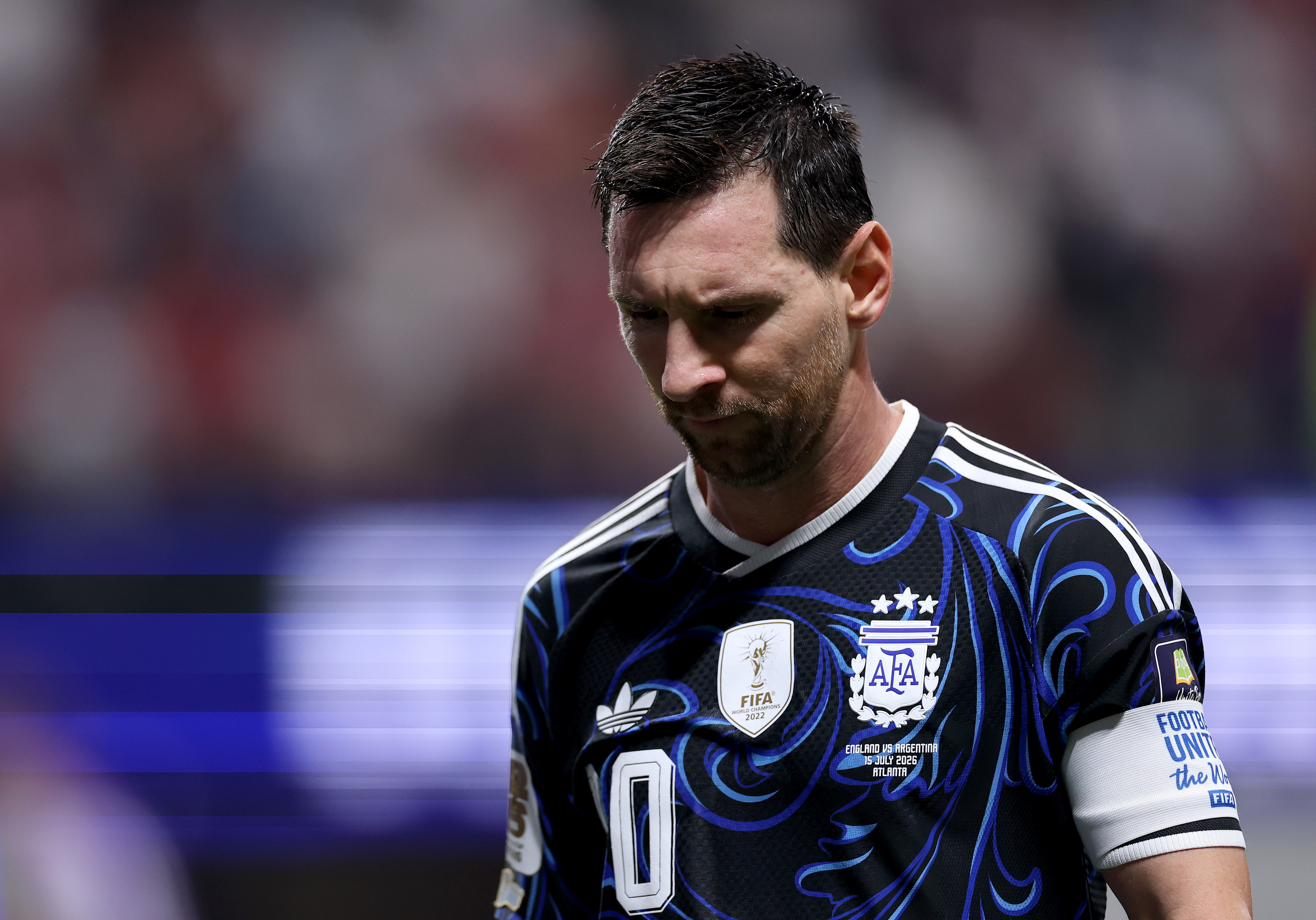 Lionel Messi walks off the pitch at half time during the FIFA World Cup 2026 Semi Final match between England and Argentina.