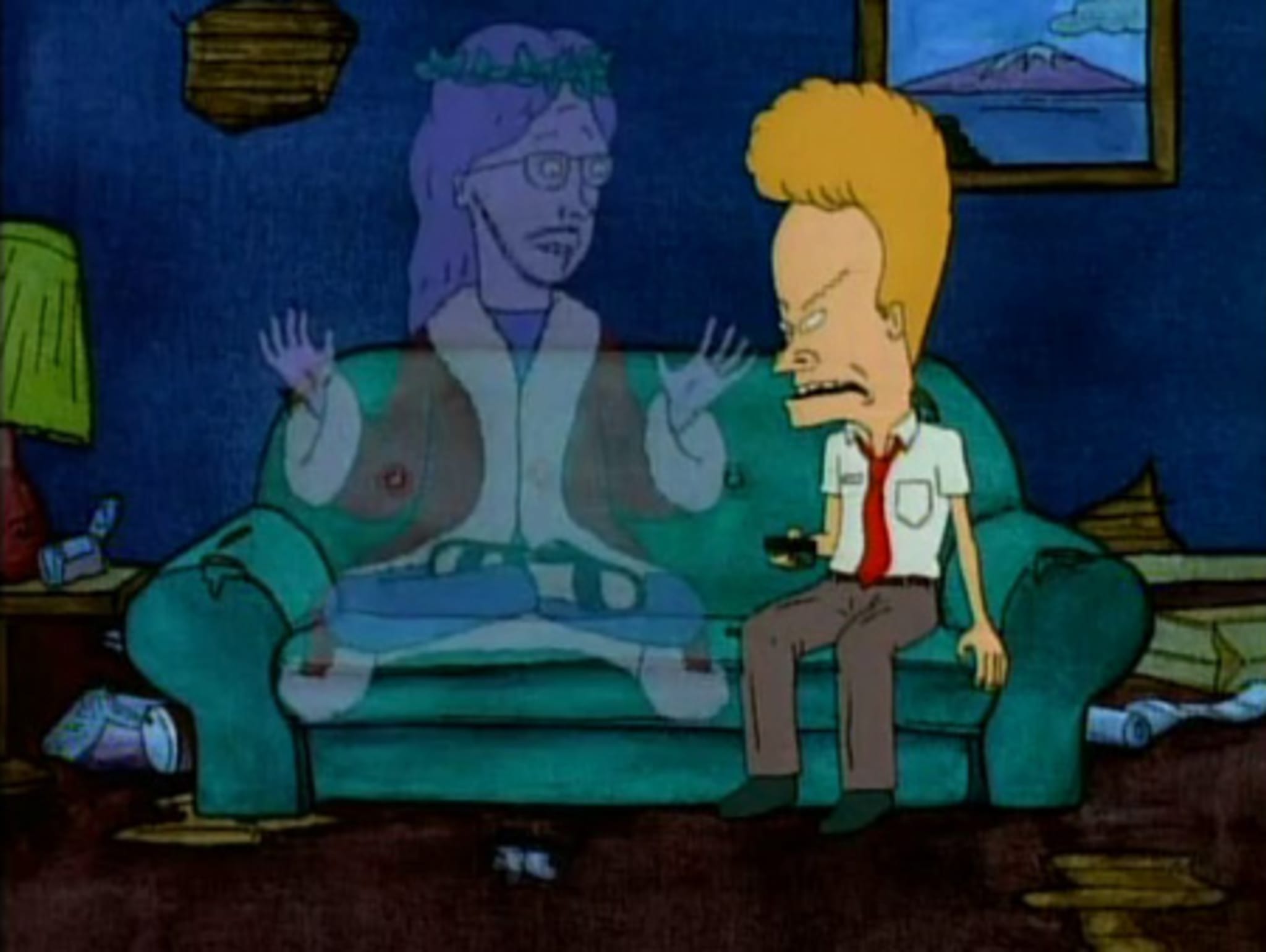 Animated scene with Beavis from 'Beavis and Butt-Head' sitting on a couch, looking at a ghostly figure beside him. Room is messy.