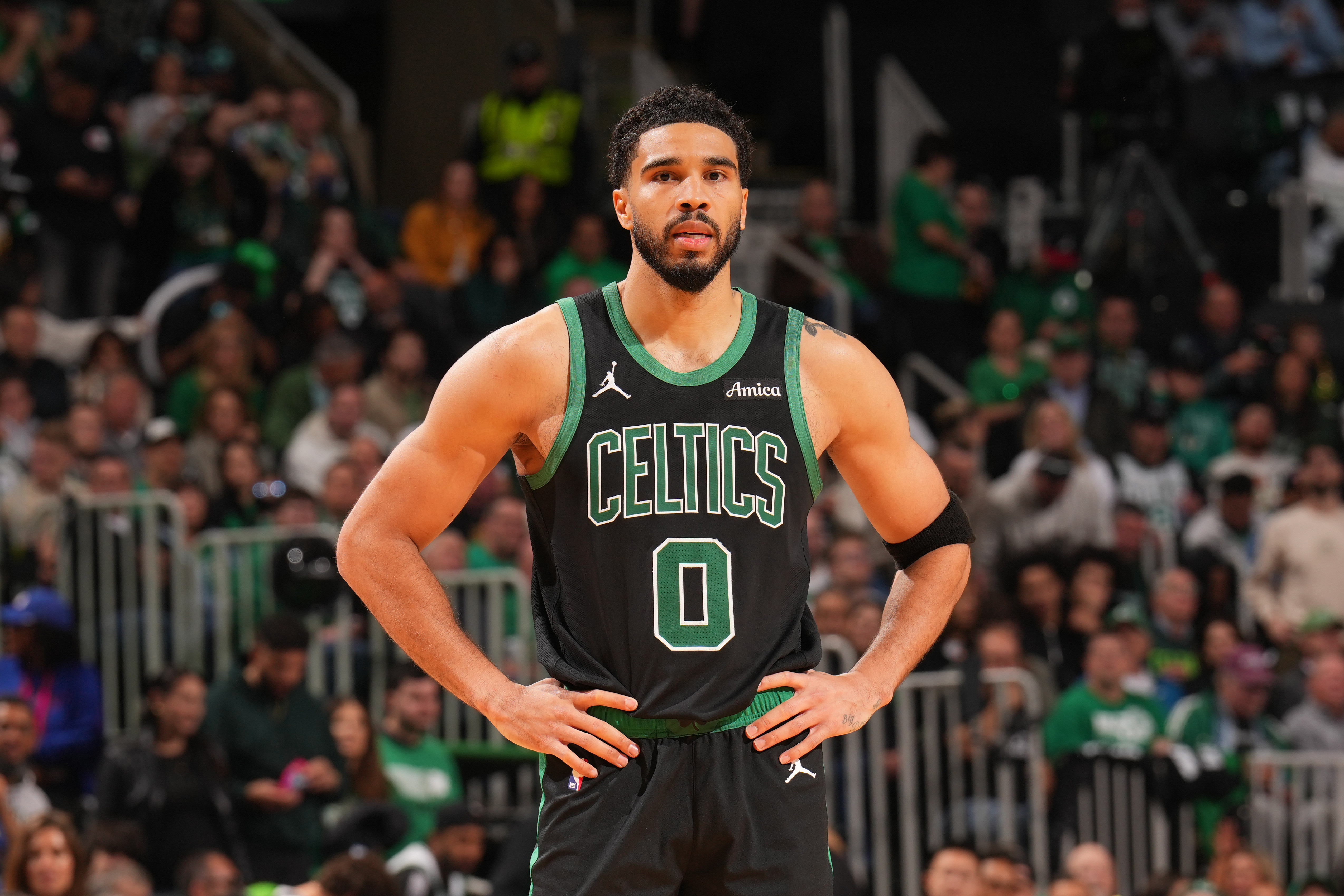Jayson Tatum takes a breather during the Boston Celtics playoff series against the Philadelphia 76ers. 