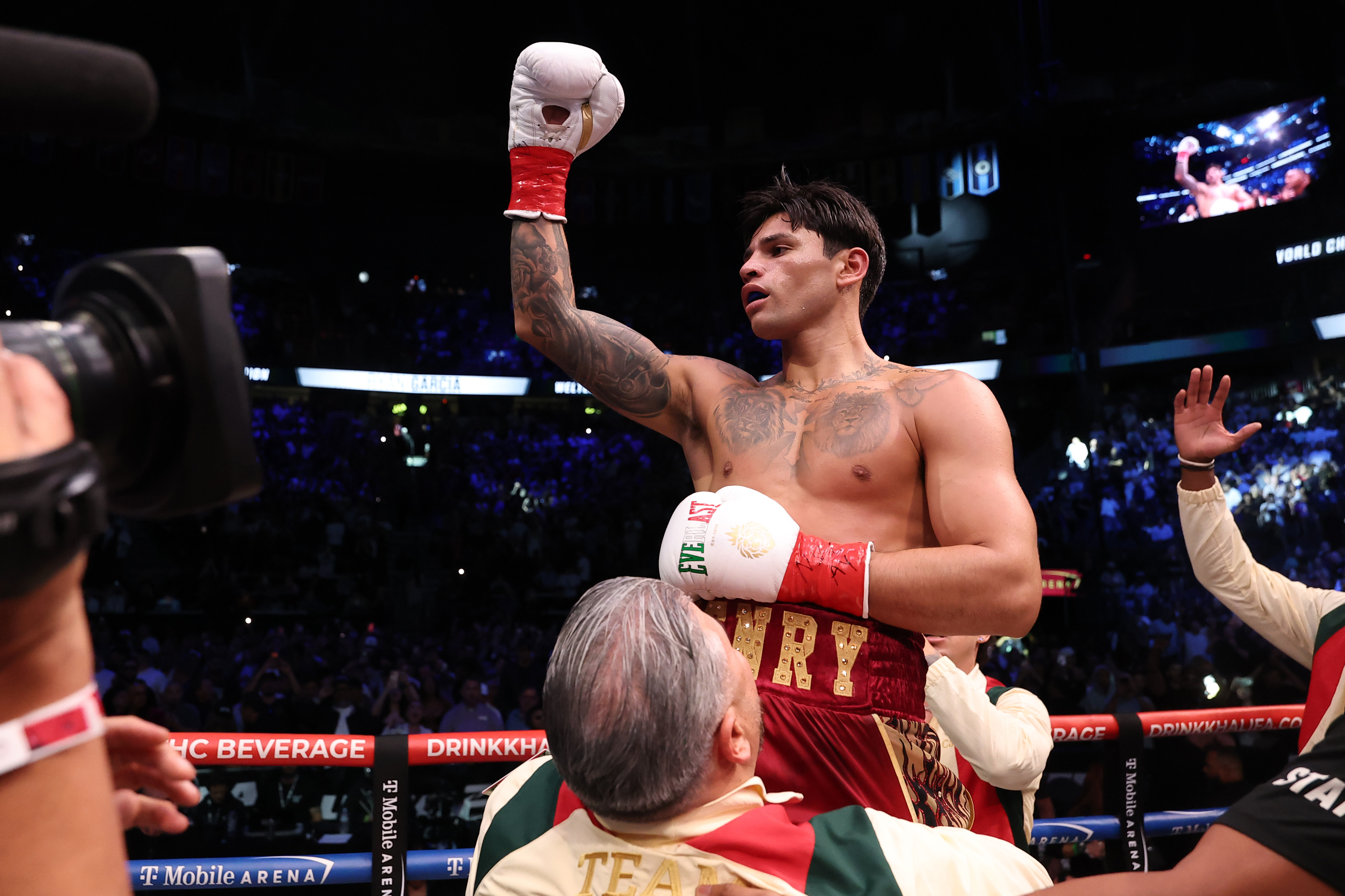 Ryan Garcia celebrates his win over Conor Benn. 