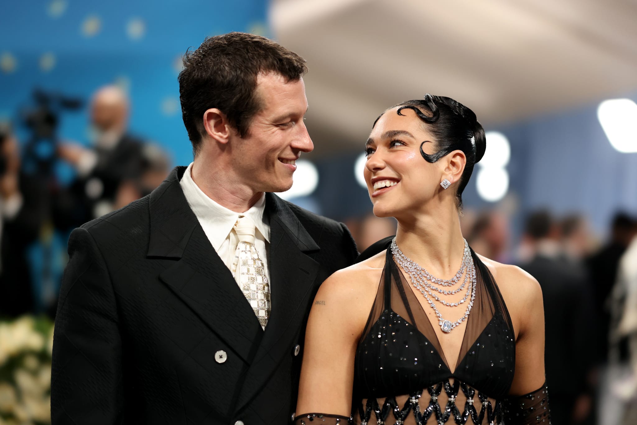 Callum Turner and Dua Lipa attend the 2025 Met Gala Celebrating "Superfine: Tailoring Black Style" at Metropolitan Museum of Art on May 05, 2025 in New York City.