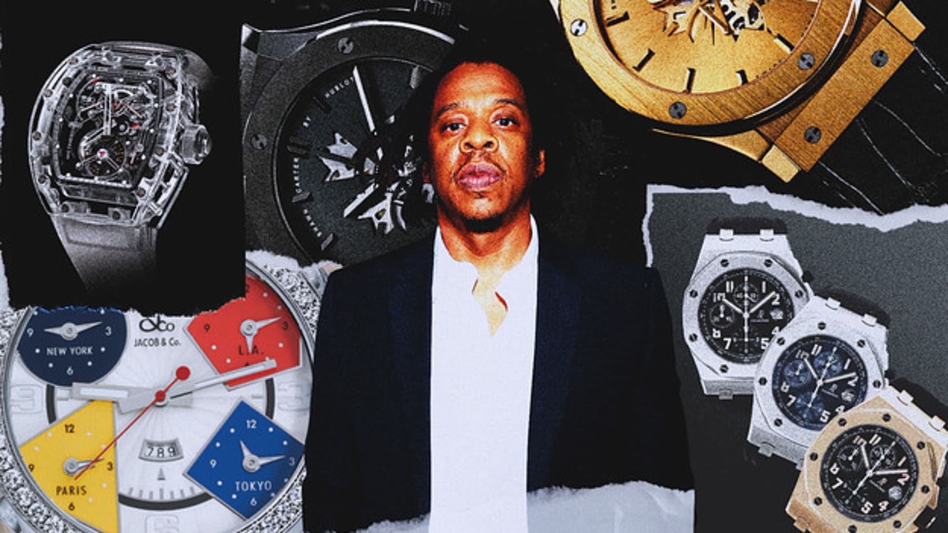 Jay-Z has a long history of wearing rare and expensive luxury watches from brands like Rolex, Audemars Piguet, Richard Mille, Jacob and Co., and Hublot.