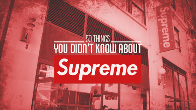 Red-toned image of a Supreme store with text overlay: "50 Things You Didn't Know About Supreme."