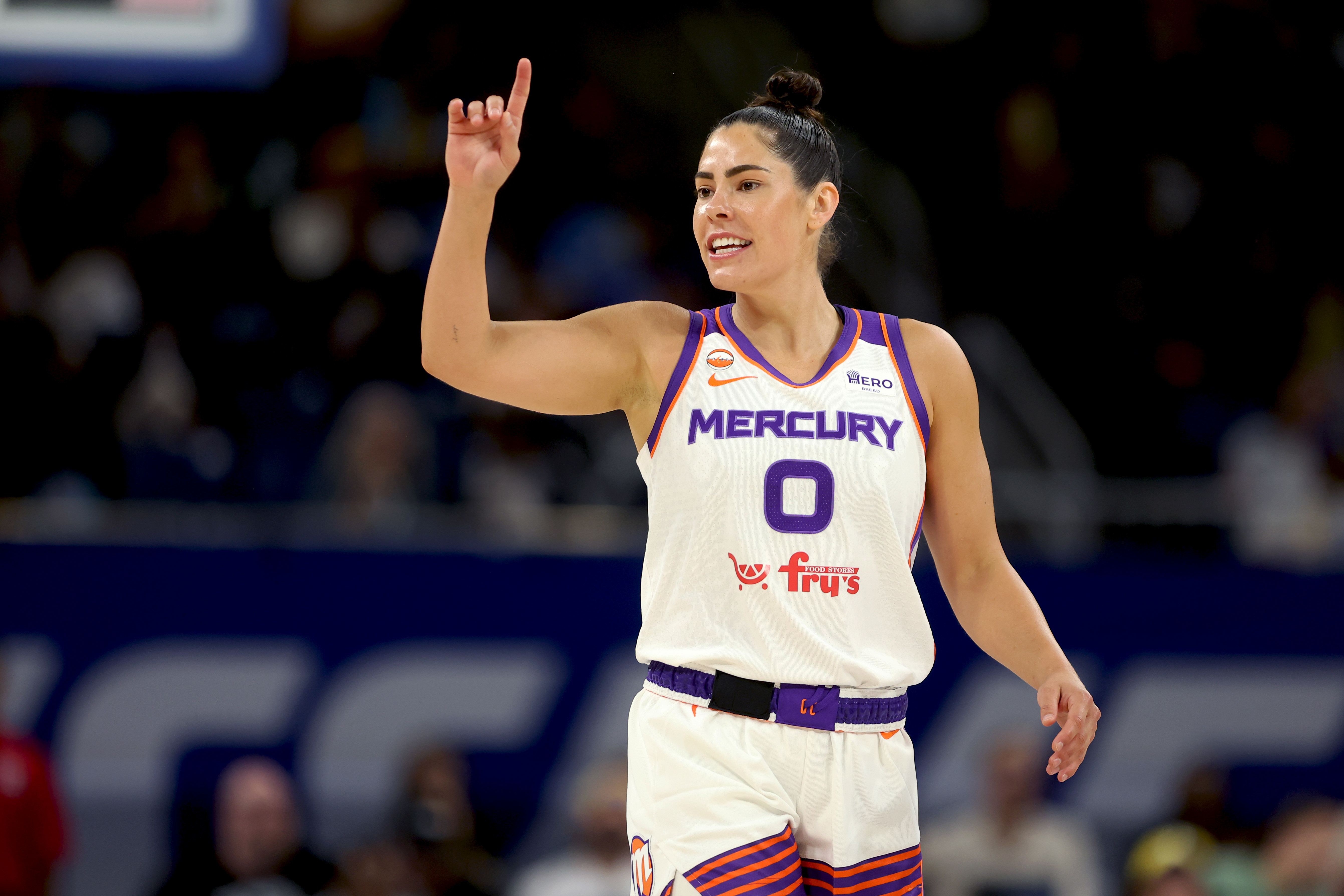 Kelsey Plum gestures during a Phoenix Mercury-Chicago Sky game in August 2026. 
