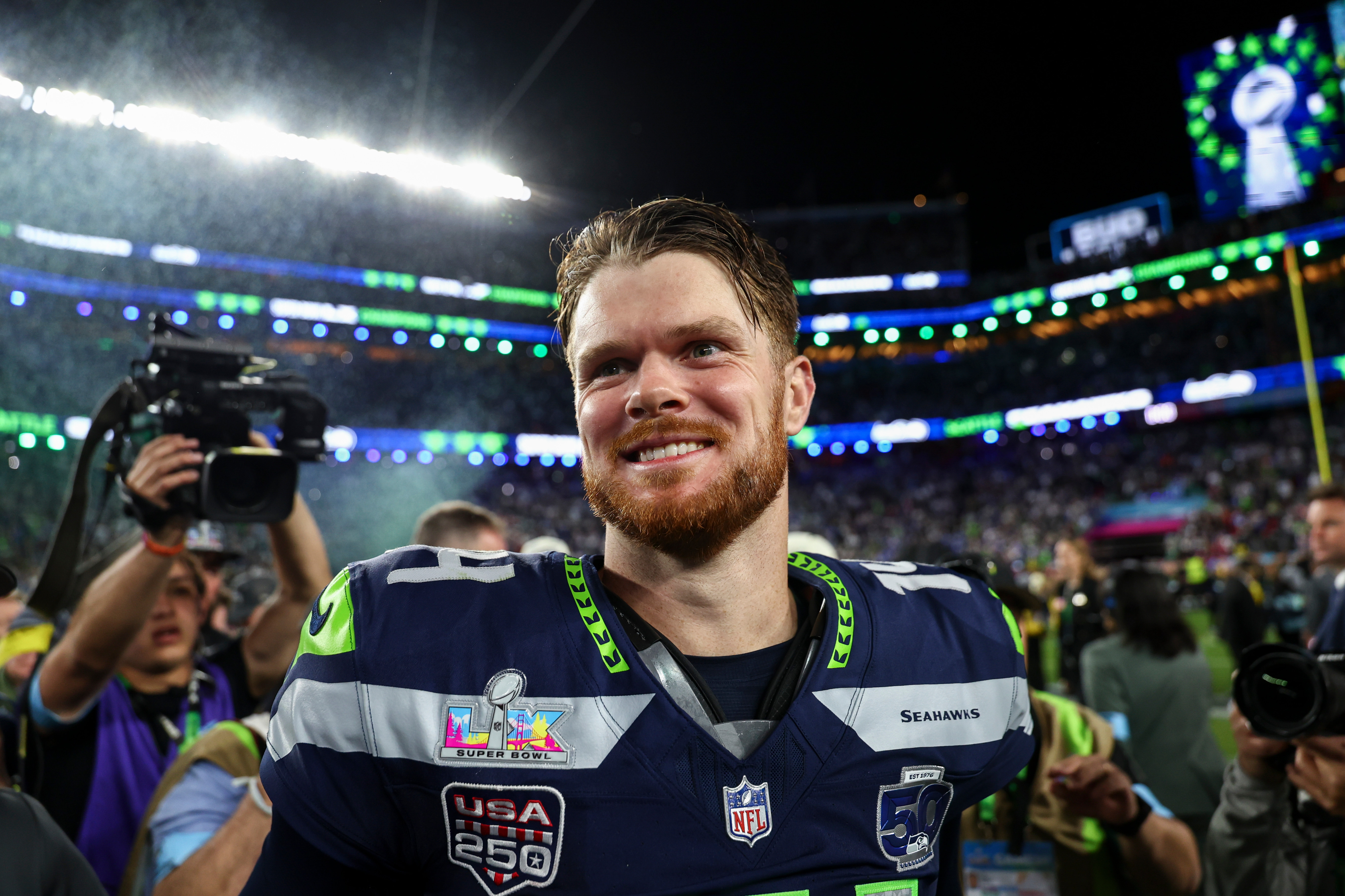 Sam Darnold walks off the field after the Seattle Seahawks won the Super Bowl in February 2026. 
