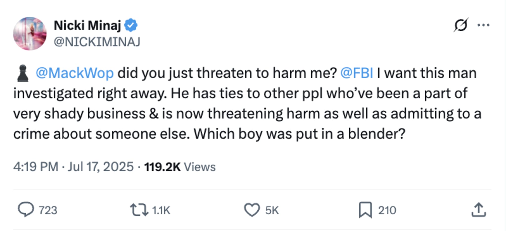 Tweet from Nicki Minaj addressing a threat from MackWop, asking the FBI to investigate.