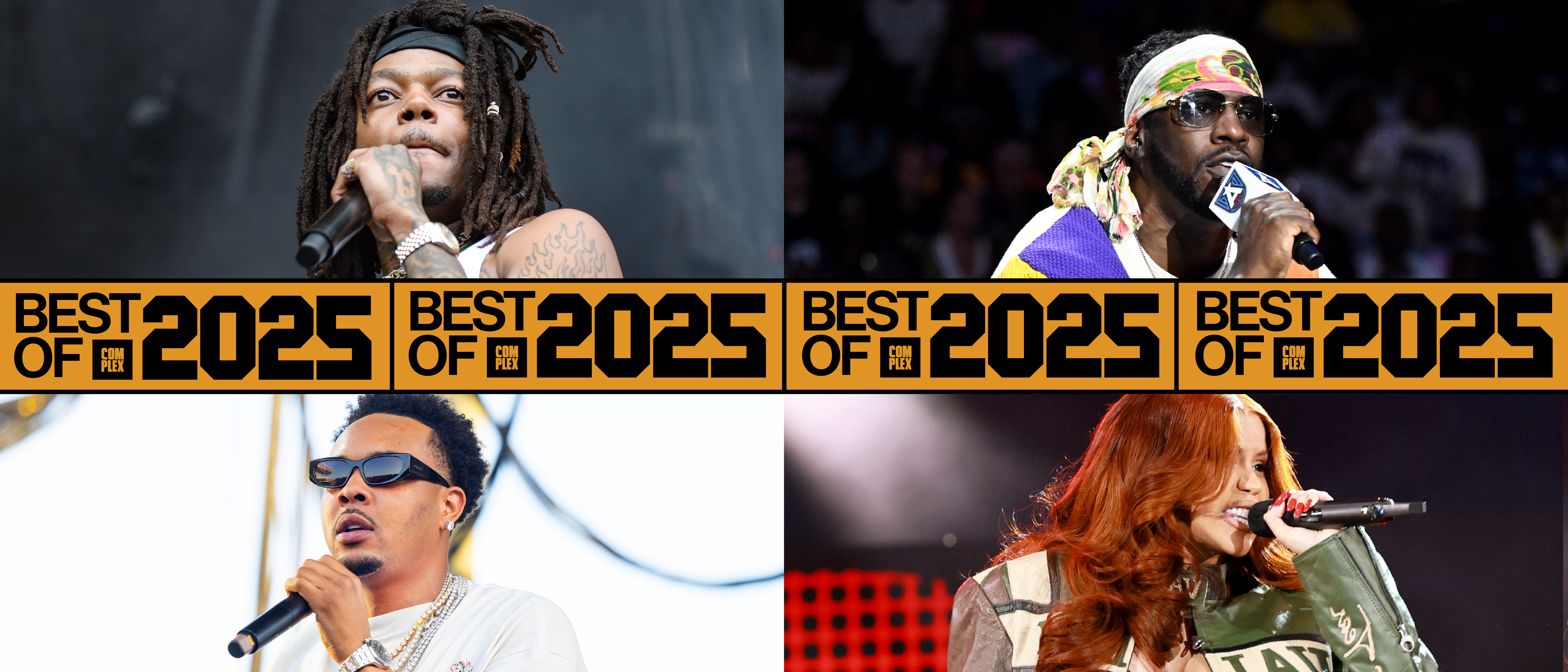 The image features a collage of rappers like JID, Young Dro, G Herbo and Cardi B with vibrant colors and text reading "The best of 2025."