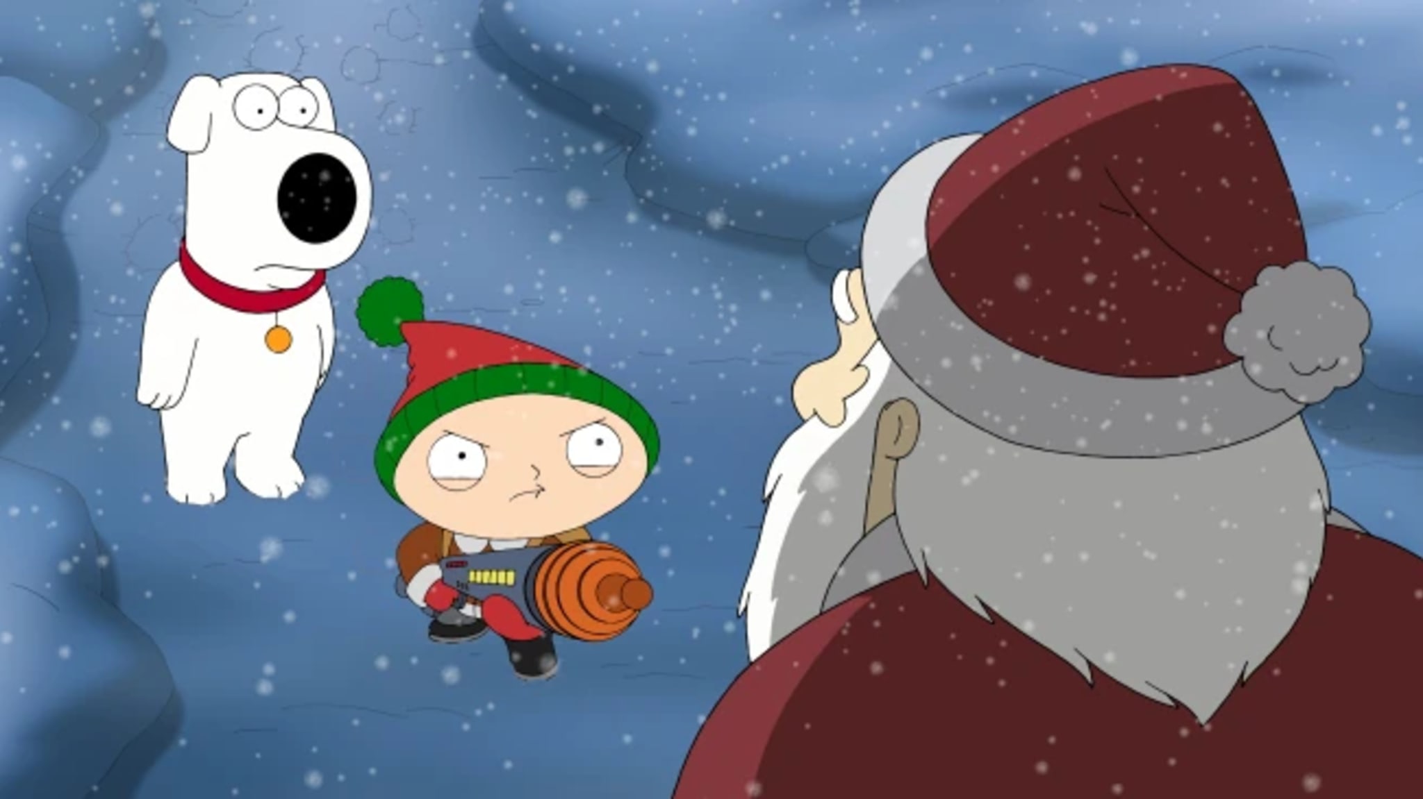 Brian and Stewie from 'Family Guy' confront Santa Claus in a snowy setting. Stewie holds a toy gun.