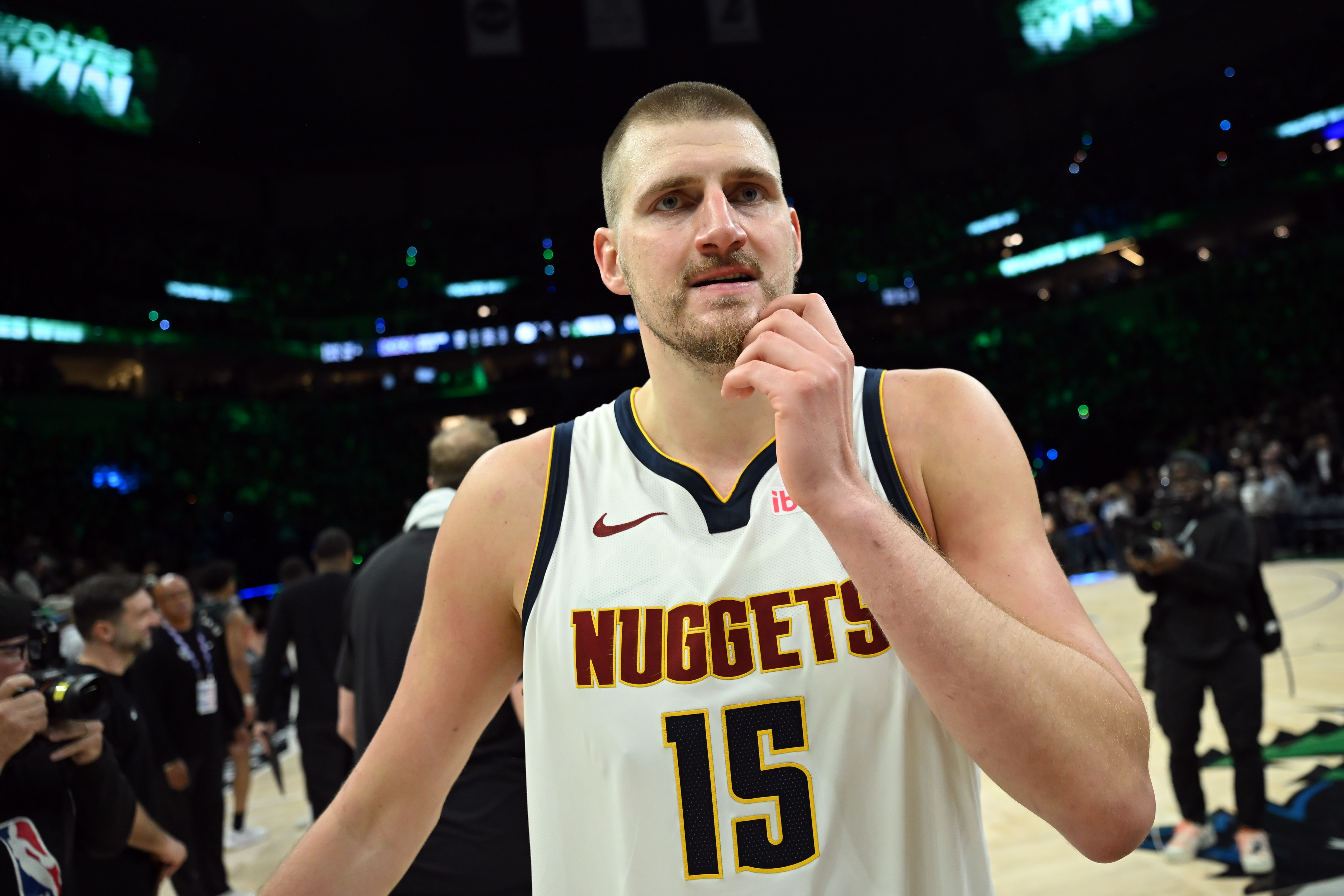 Nikola Jokic walks off the court after the Nuggets lost in the first round of the 2026 NBA Playoffs against the Minnesota Timberwolves. 